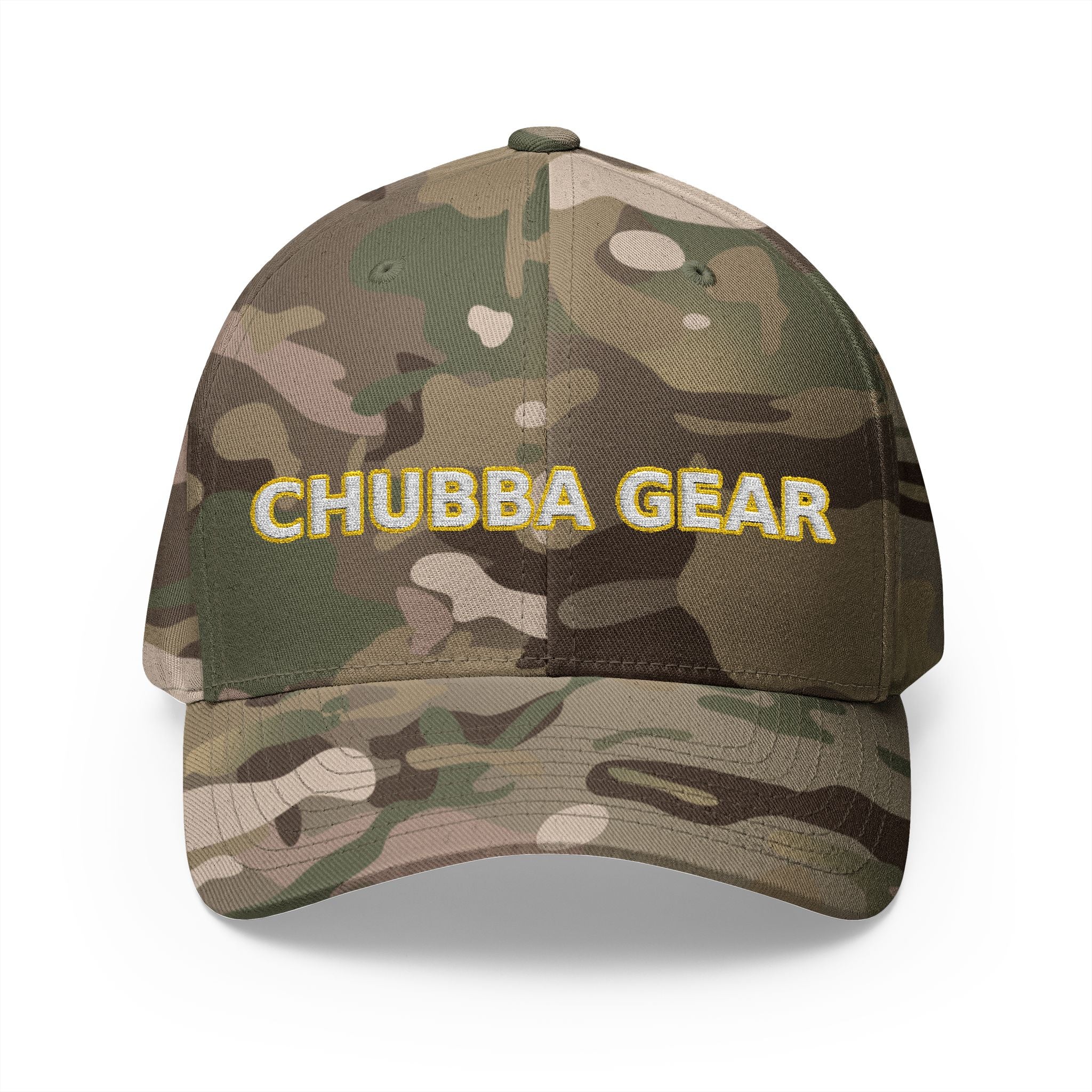 Hat-Embroidered 'CHUBBA GEAR' Structured Cap — White Gold Stitching