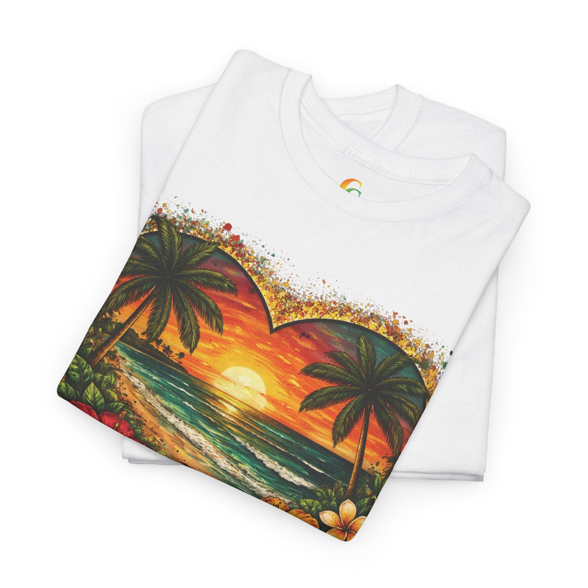 CHUBBA GEAR Tropical Heart Sunset Beach Scene T-Shirt – Hibiscus Palm Graphic