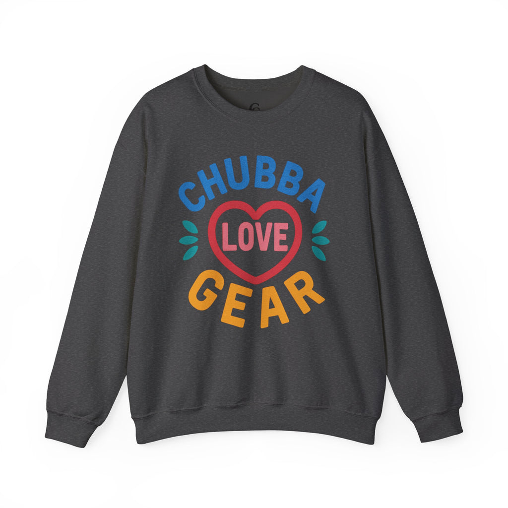Crewneck Sweatshirt — "Chubba Love Gear" Colorful Heart Graphic
