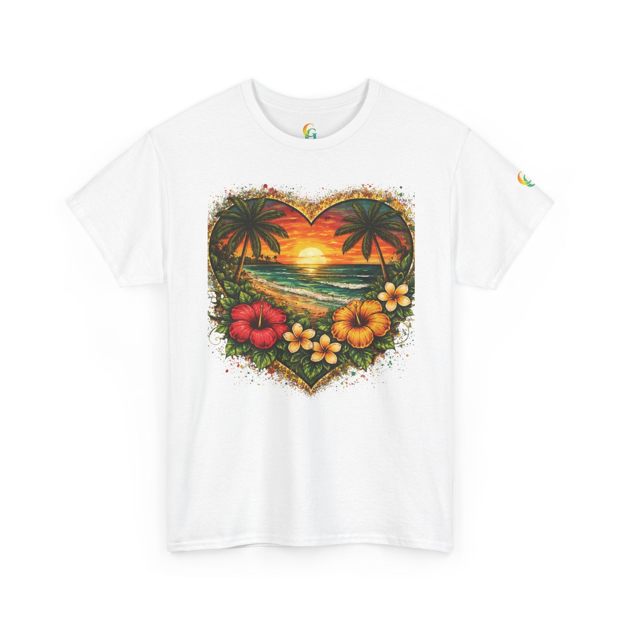 CHUBBA GEAR Tropical Heart Sunset Beach Scene T-Shirt – Hibiscus Palm Graphic