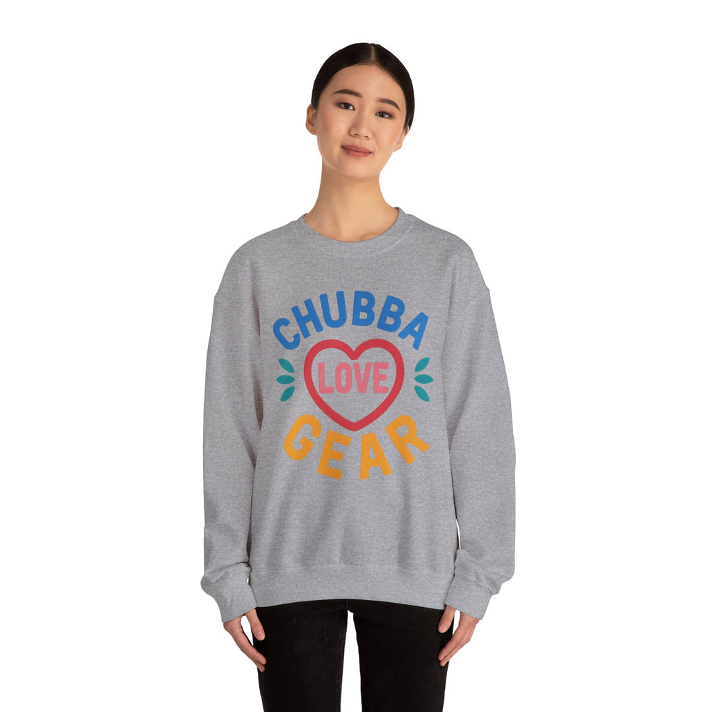 Crewneck Sweatshirt — "Chubba Love Gear" Colorful Heart Graphic