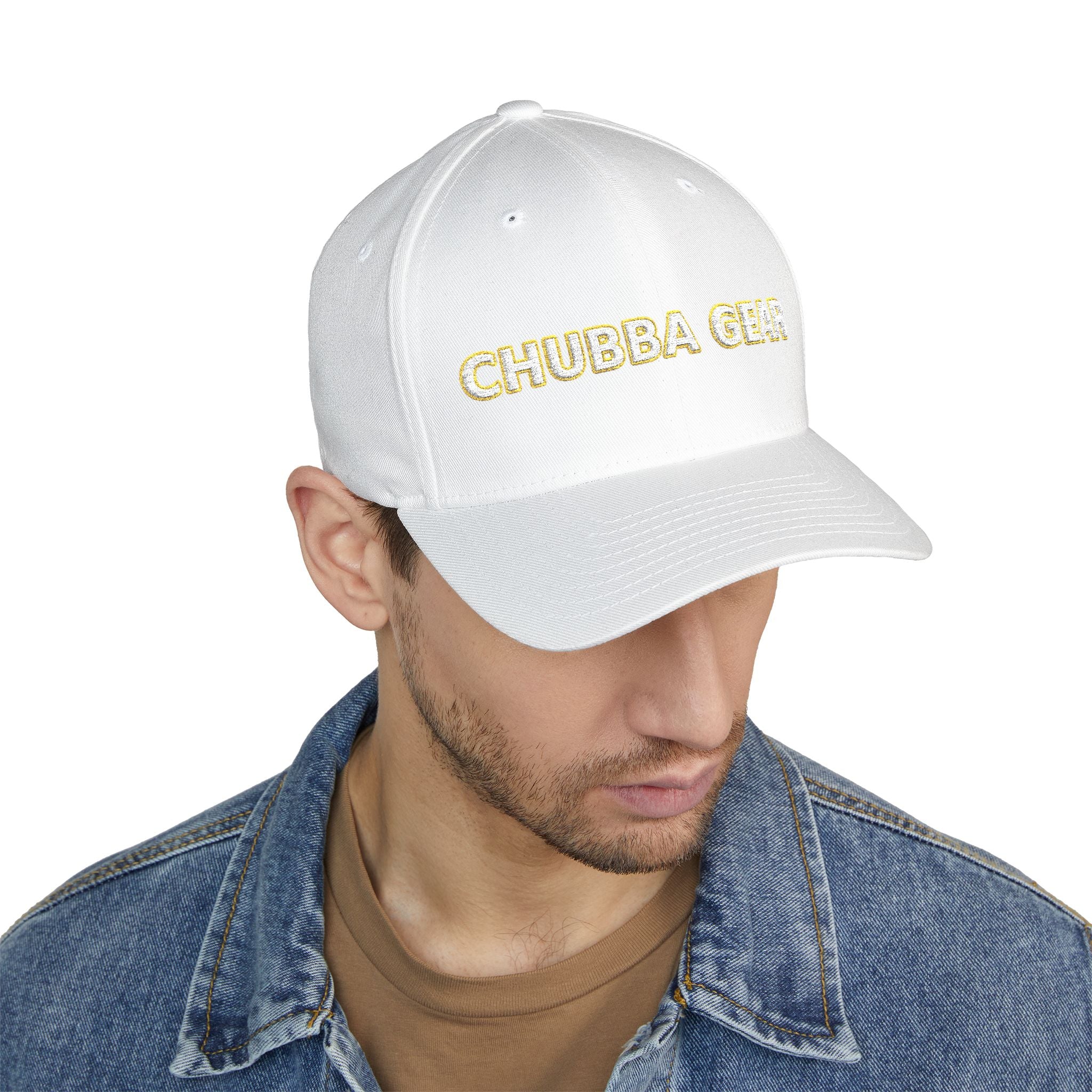 Hat-Embroidered 'CHUBBA GEAR' Structured Cap — White Gold Stitching