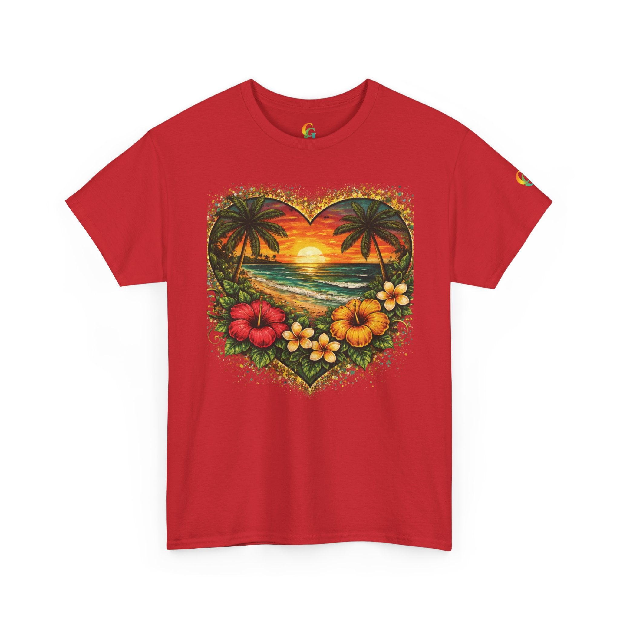 CHUBBA GEAR Tropical Heart Sunset Beach Scene T-Shirt – Hibiscus Palm Graphic