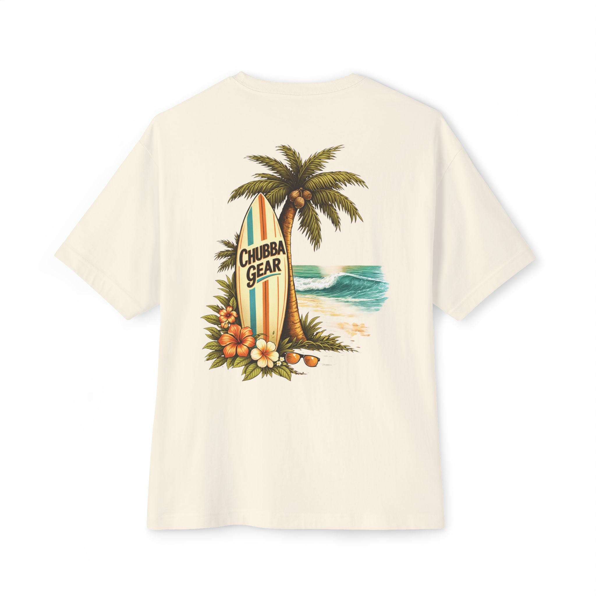CHUBBA GEAR Surfboard Palm Tree Unisex Oversized Boxy Tee – Coastal Beach Graphic T-Shirt