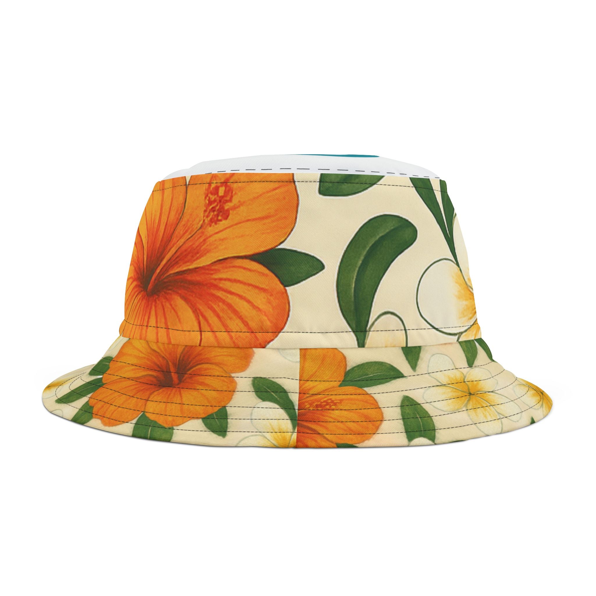 Hat-Bucket Hat 'Tropical Floral' hat  — Orange Hibiscus & Plumeria Summer Sun Hat