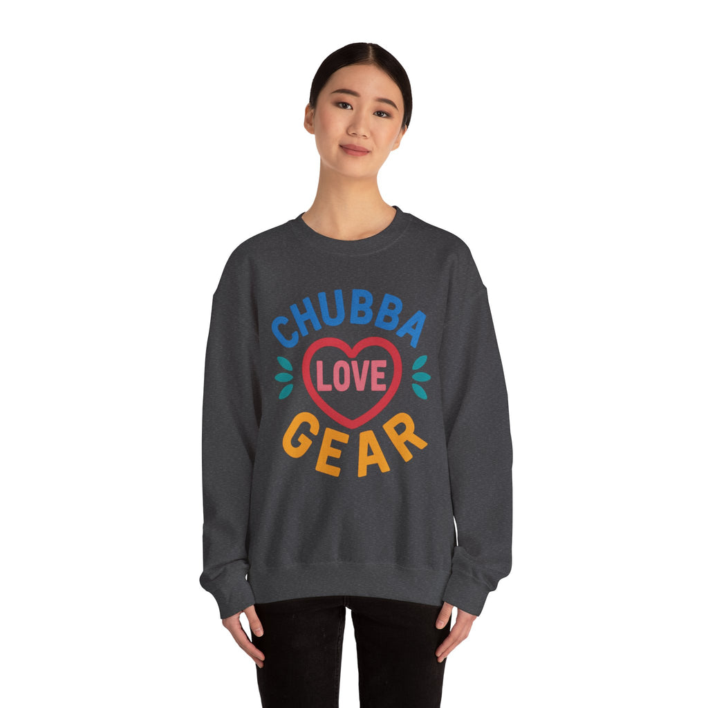 Crewneck Sweatshirt — "Chubba Love Gear" Colorful Heart Graphic