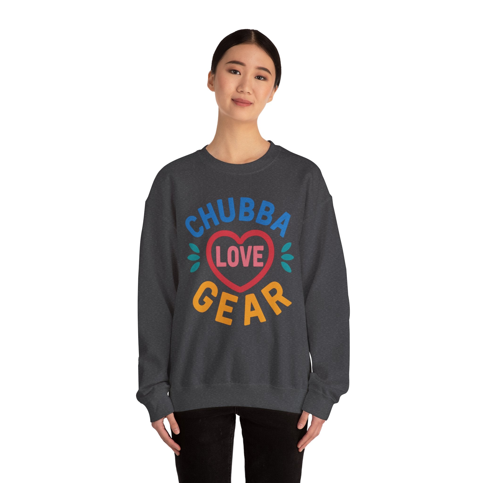 Crewneck Sweatshirt — "Chubba Love Gear" Colorful Heart Graphic