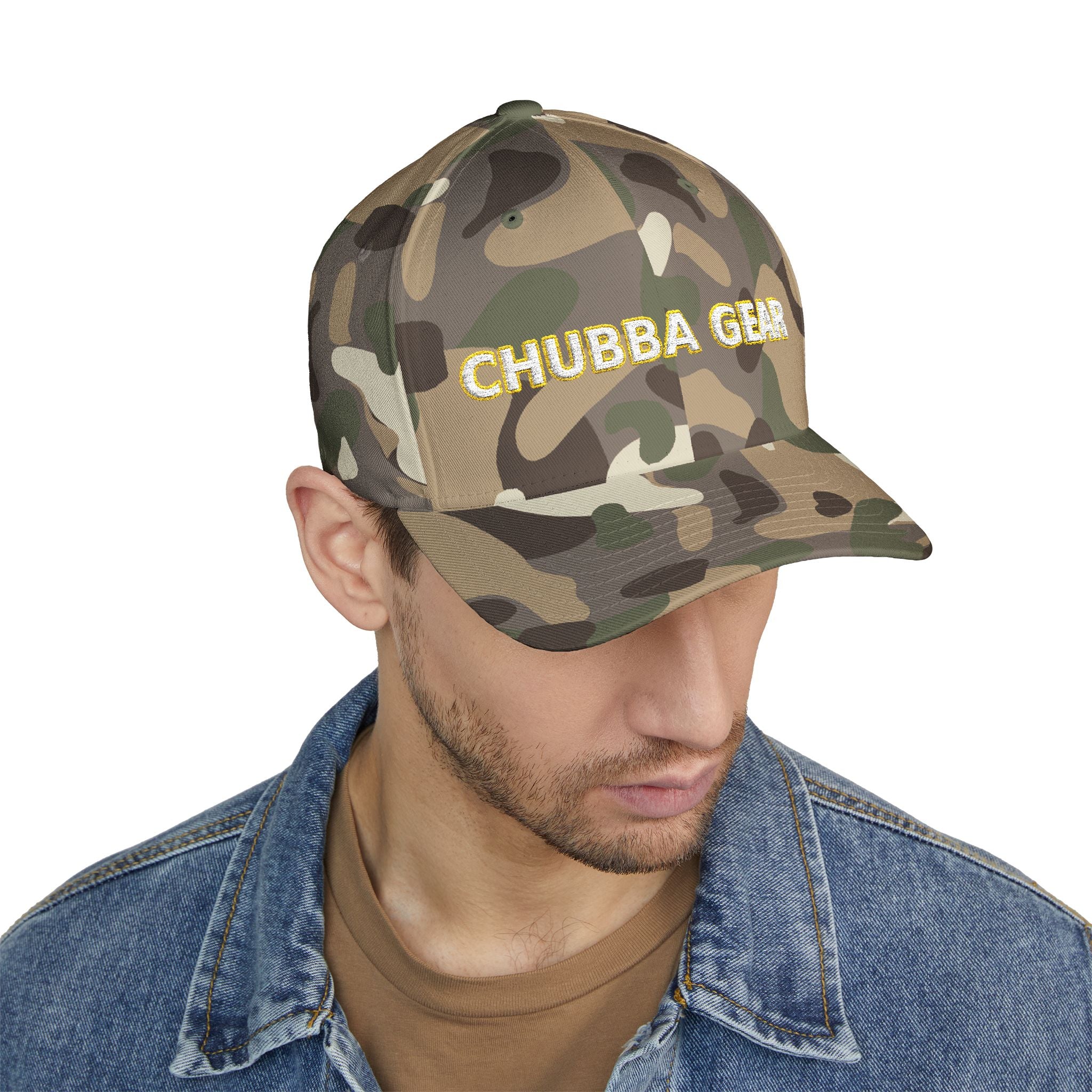 Hat-Embroidered 'CHUBBA GEAR' Structured Cap — White Gold Stitching