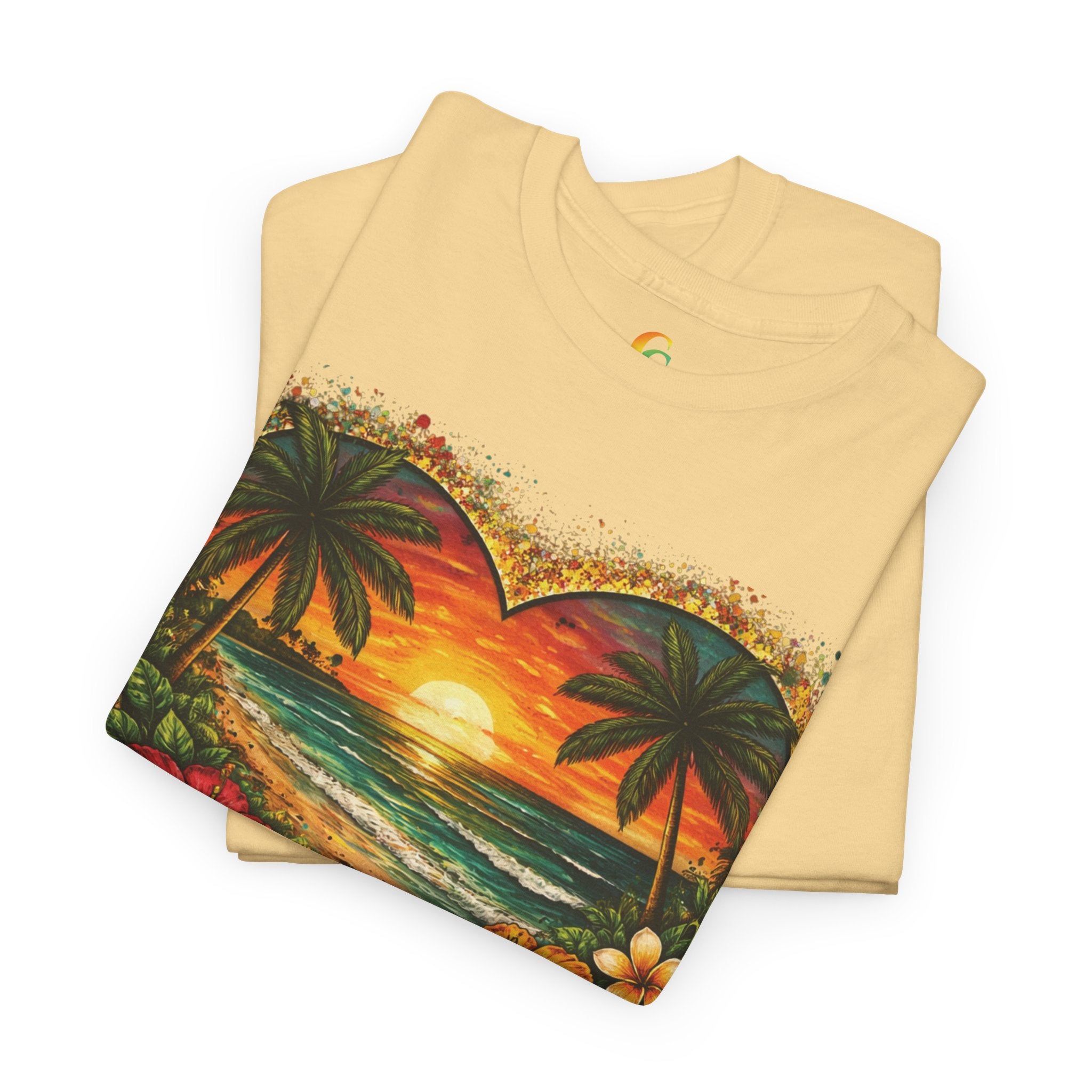 CHUBBA GEAR Tropical Heart Sunset Beach Scene T-Shirt – Hibiscus Palm Graphic