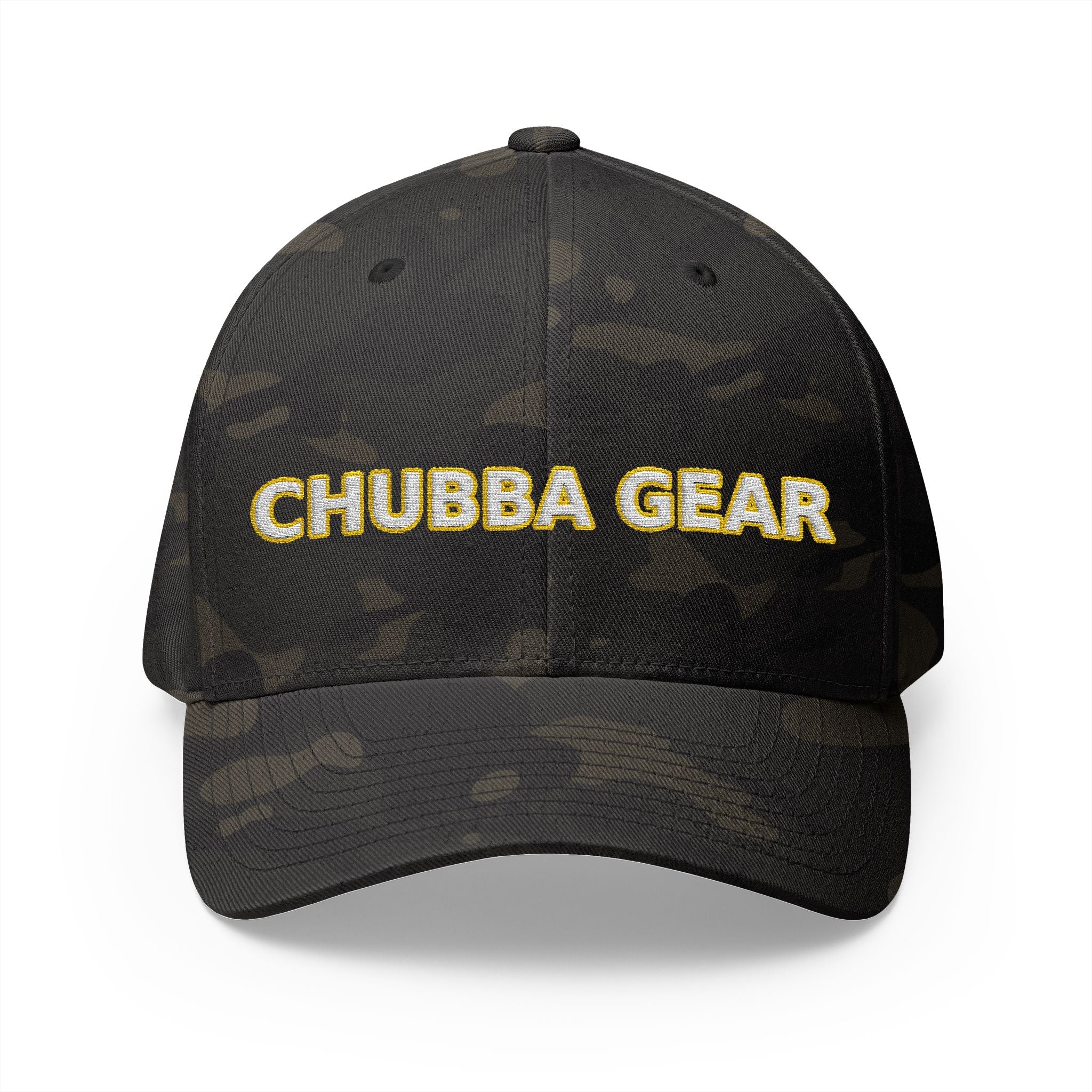 Hat-Embroidered 'CHUBBA GEAR' Structured Cap — White Gold Stitching
