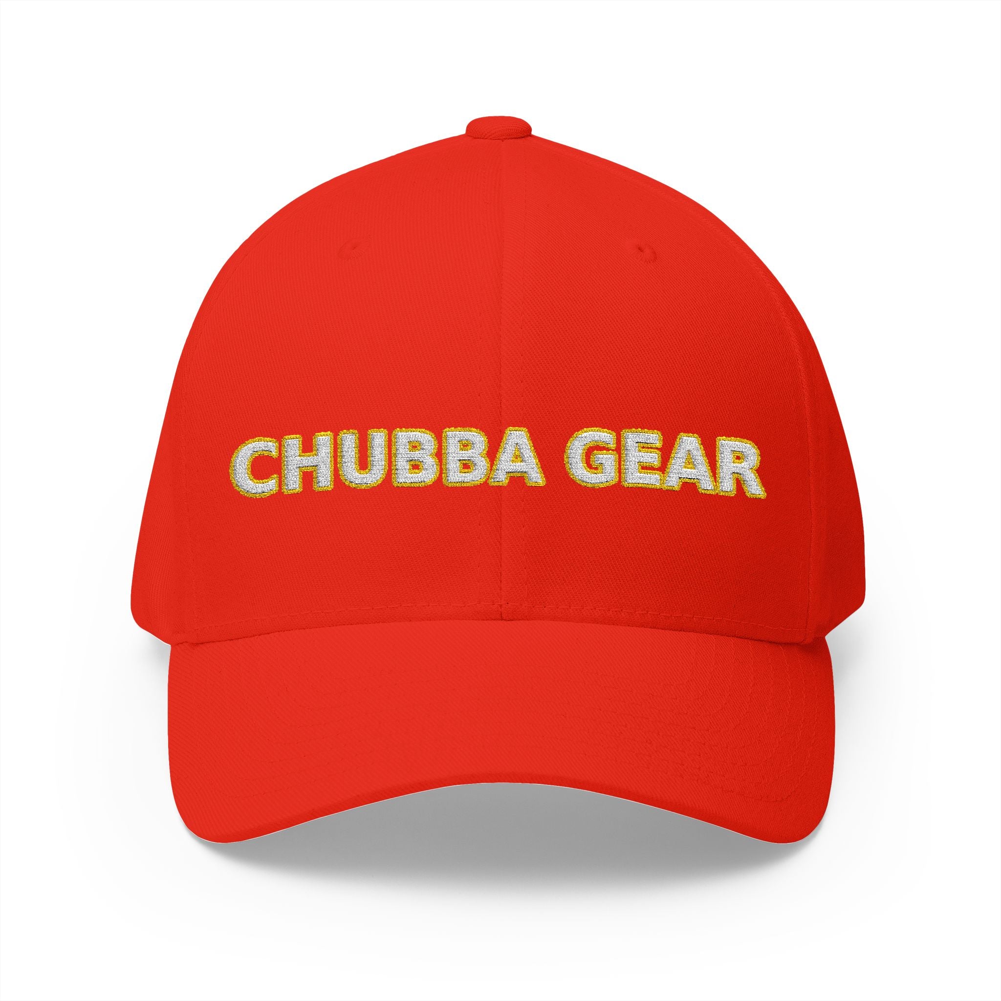 Hat-Embroidered 'CHUBBA GEAR' Structured Cap — White Gold Stitching