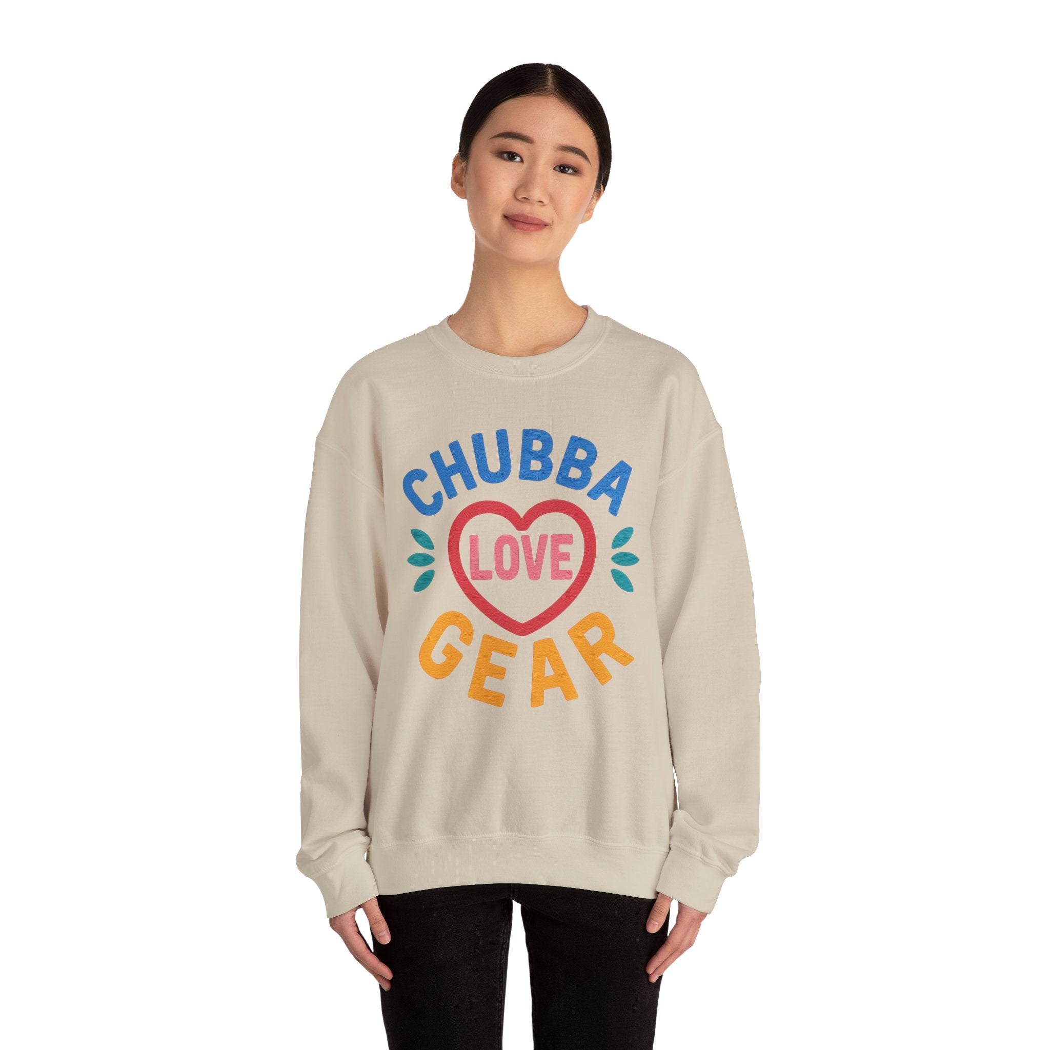 Crewneck Sweatshirt — "Chubba Love Gear" Colorful Heart Graphic