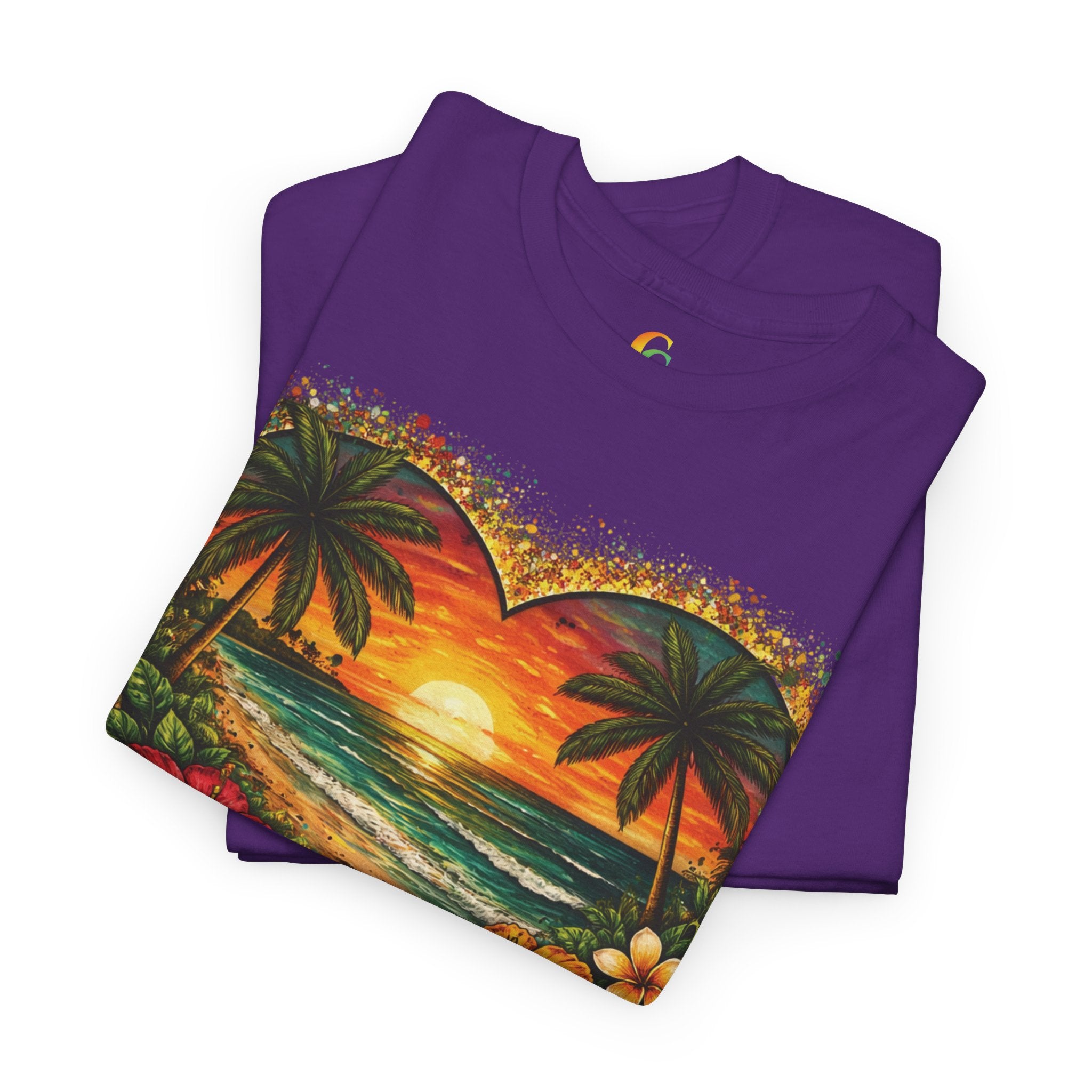 CHUBBA GEAR Tropical Heart Sunset Beach Scene T-Shirt – Hibiscus Palm Graphic