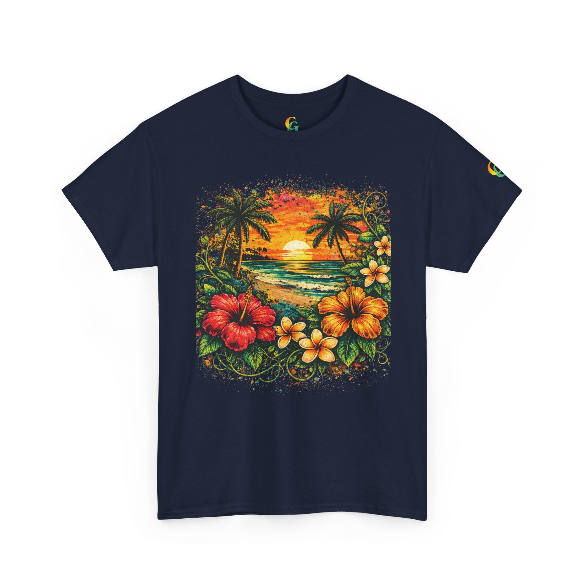 CHUBBA GEAR Tropical Sunset Beach Tee – Hawaiian Hibiscus Palm Tree Graphic Shirt
