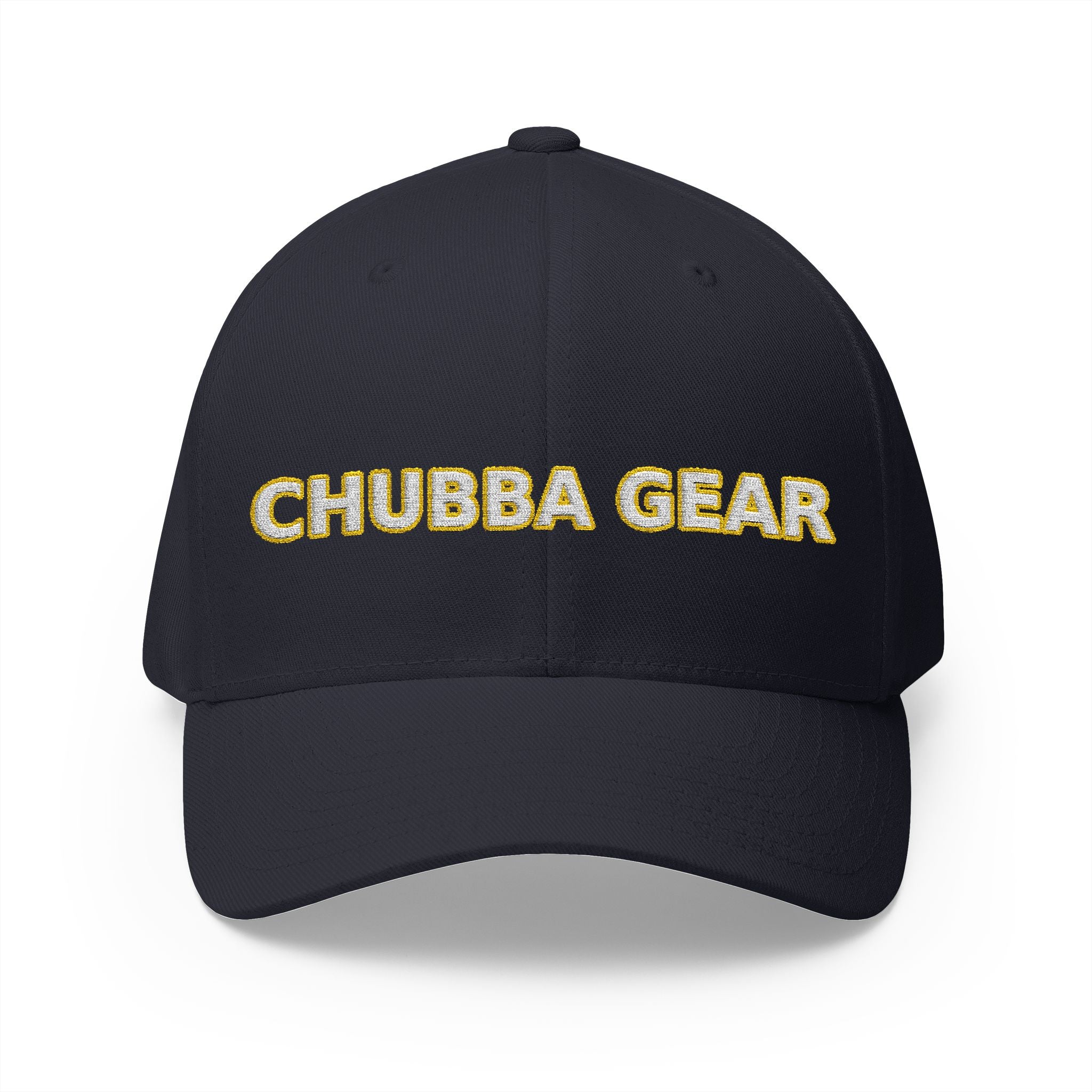 Hat-Embroidered 'CHUBBA GEAR' Structured Cap — White Gold Stitching