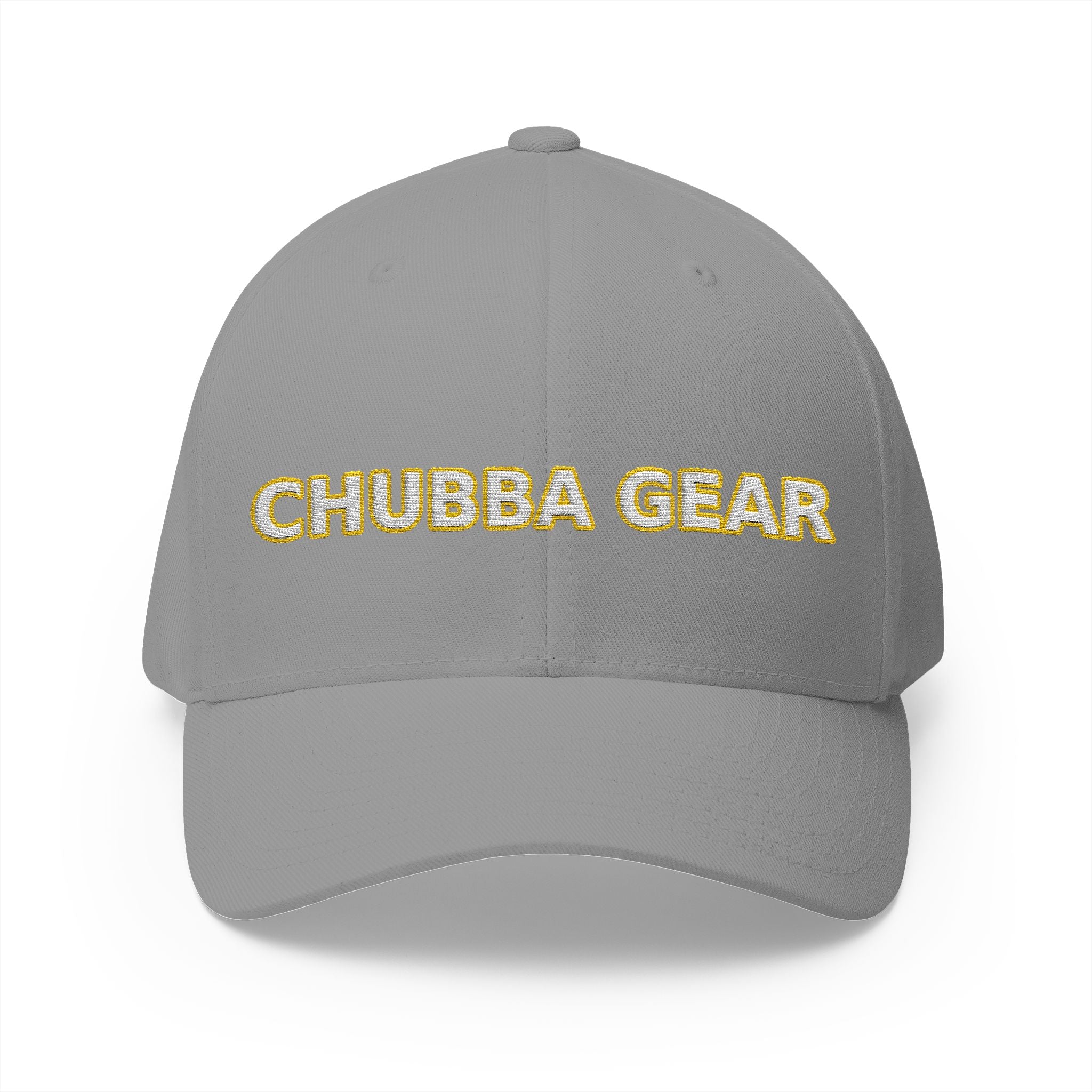 Hat-Embroidered 'CHUBBA GEAR' Structured Cap — White Gold Stitching