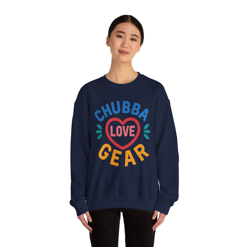 Crewneck Sweatshirt — "Chubba Love Gear" Colorful Heart Graphic