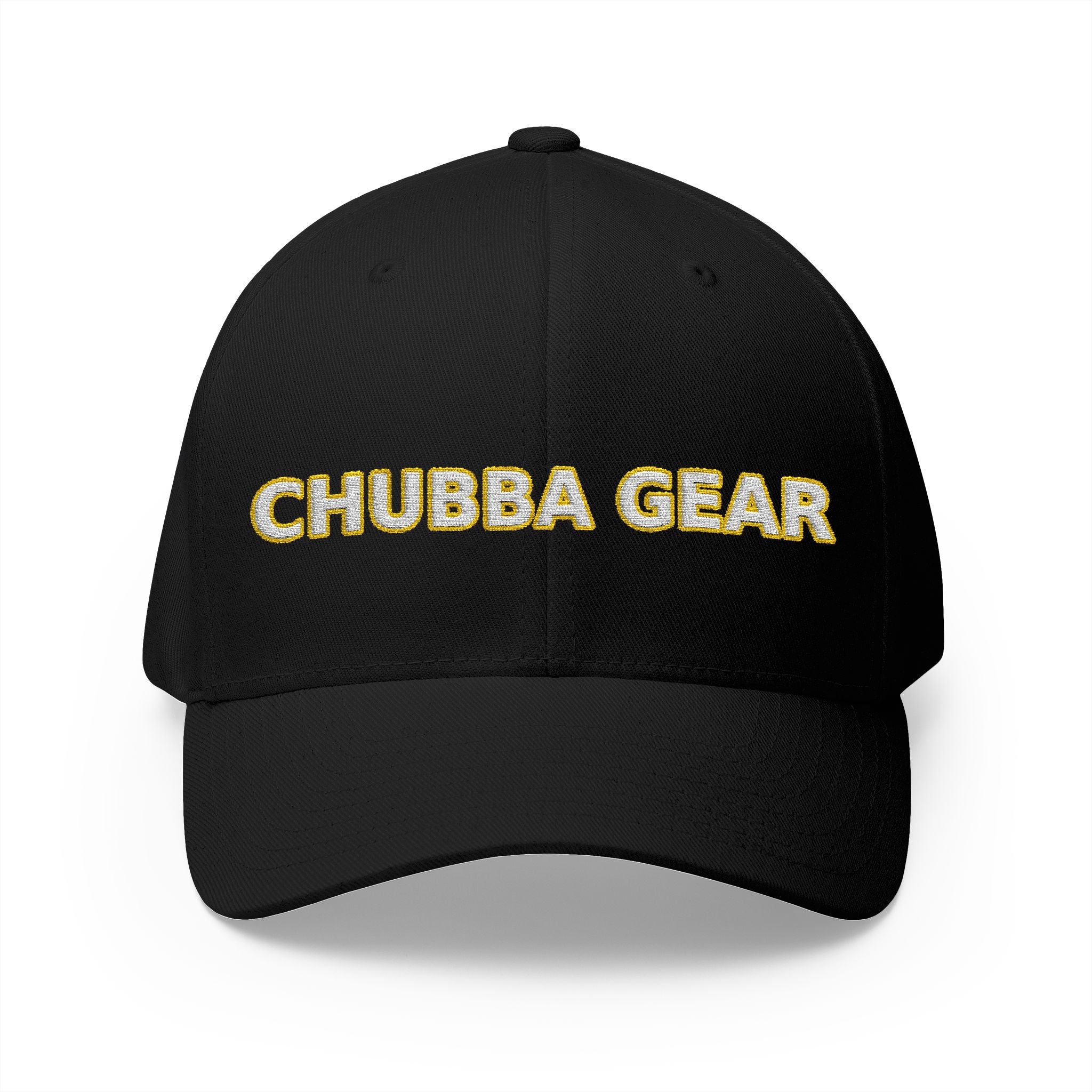 Hat-Embroidered 'CHUBBA GEAR' Structured Cap — White Gold Stitching