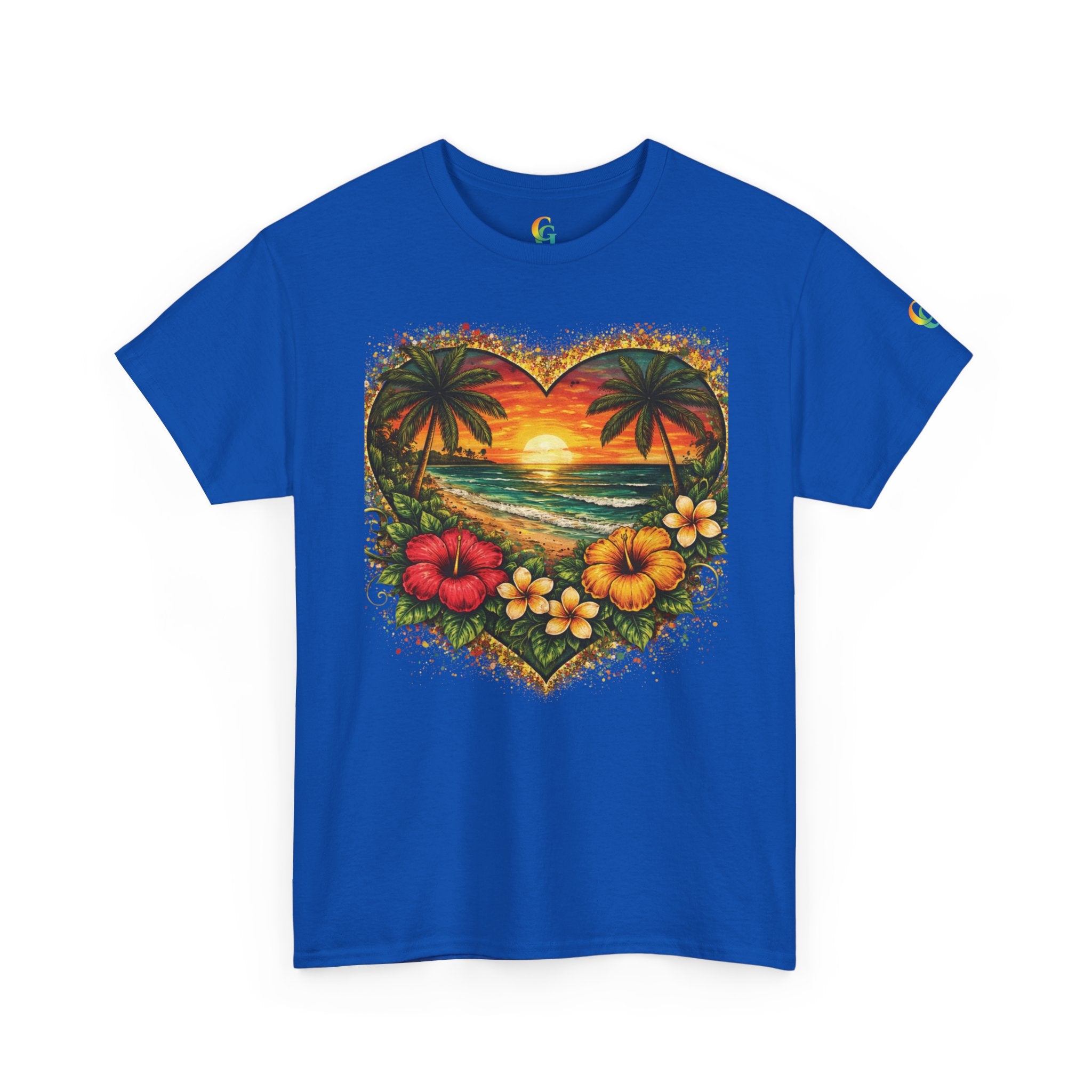 CHUBBA GEAR Tropical Heart Sunset Beach Scene T-Shirt – Hibiscus Palm Graphic