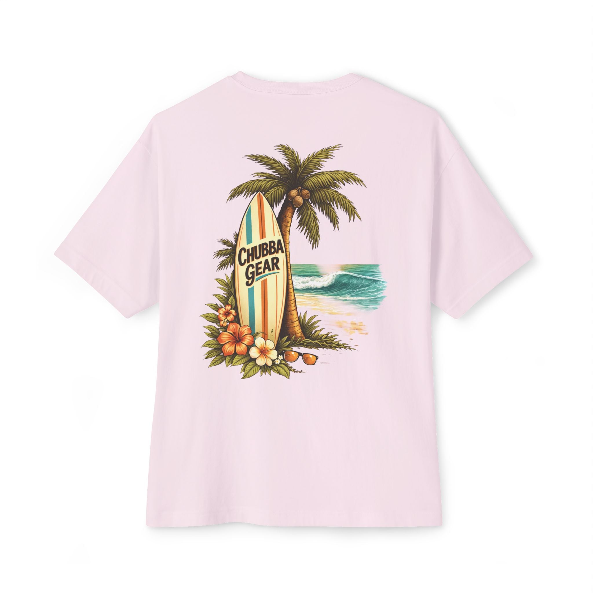 CHUBBA GEAR Surfboard Palm Tree Unisex Oversized Boxy Tee – Coastal Beach Graphic T-Shirt