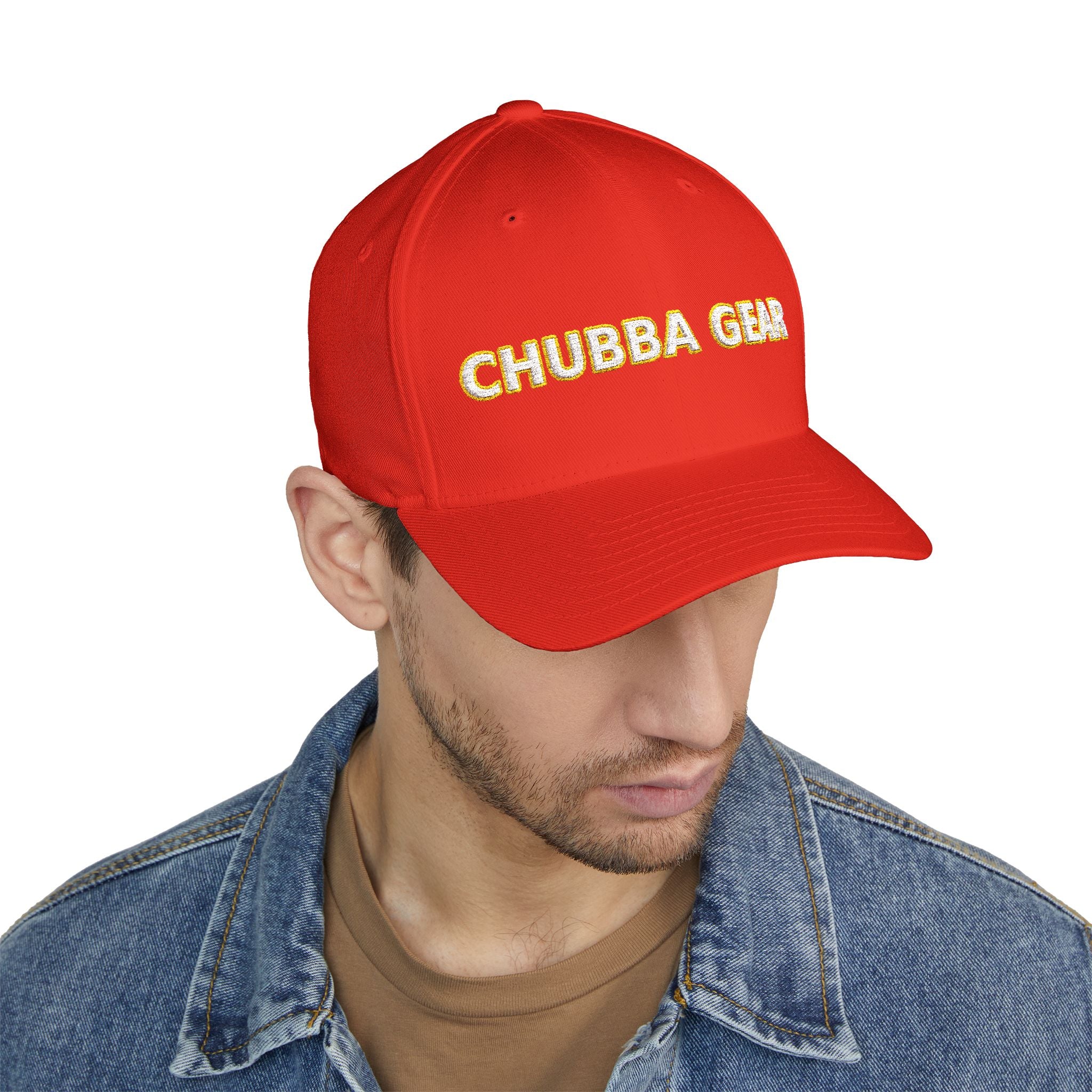 Hat-Embroidered 'CHUBBA GEAR' Structured Cap — White Gold Stitching