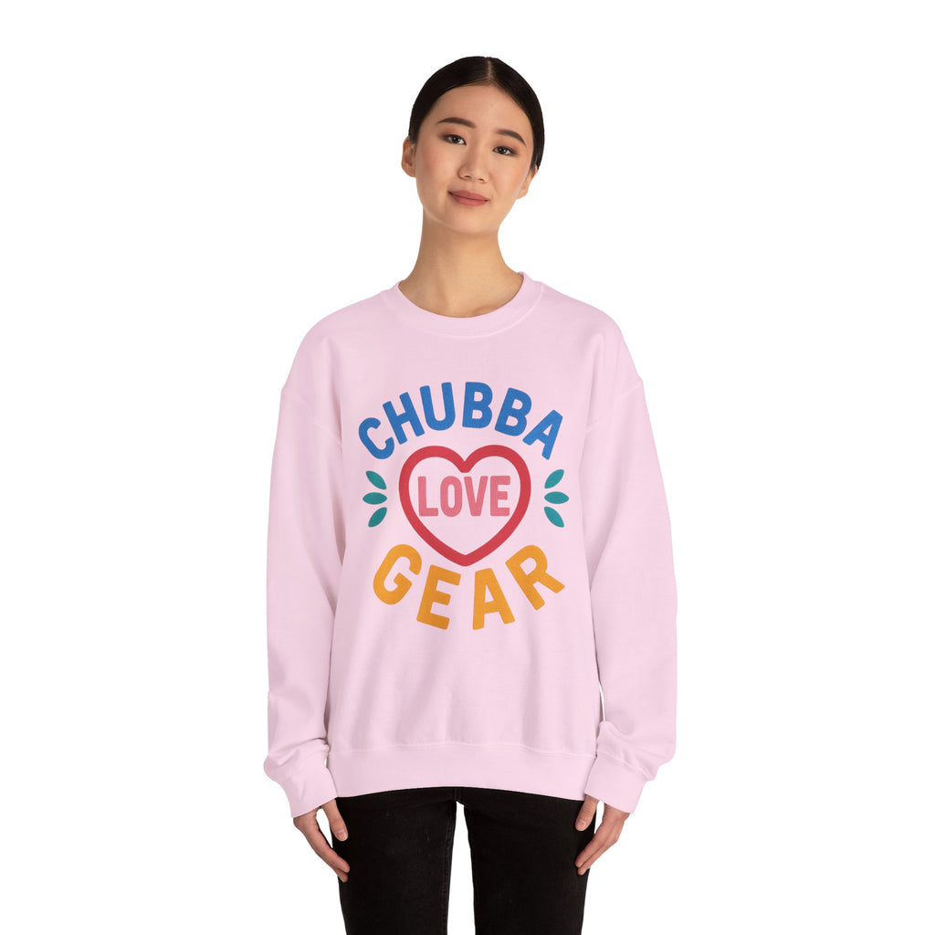 Crewneck Sweatshirt — "Chubba Love Gear" Colorful Heart Graphic