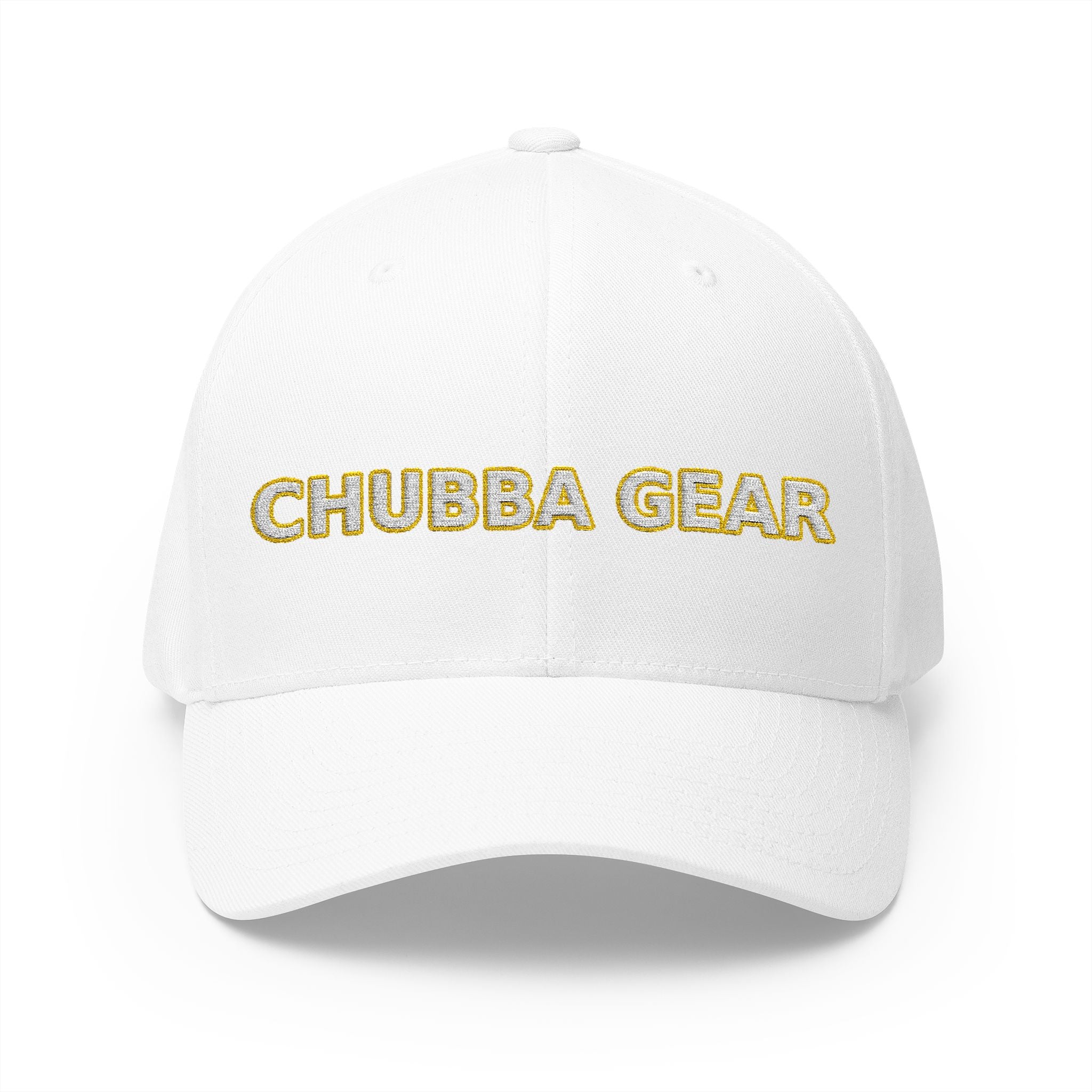 Hat-Embroidered 'CHUBBA GEAR' Structured Cap — White Gold Stitching