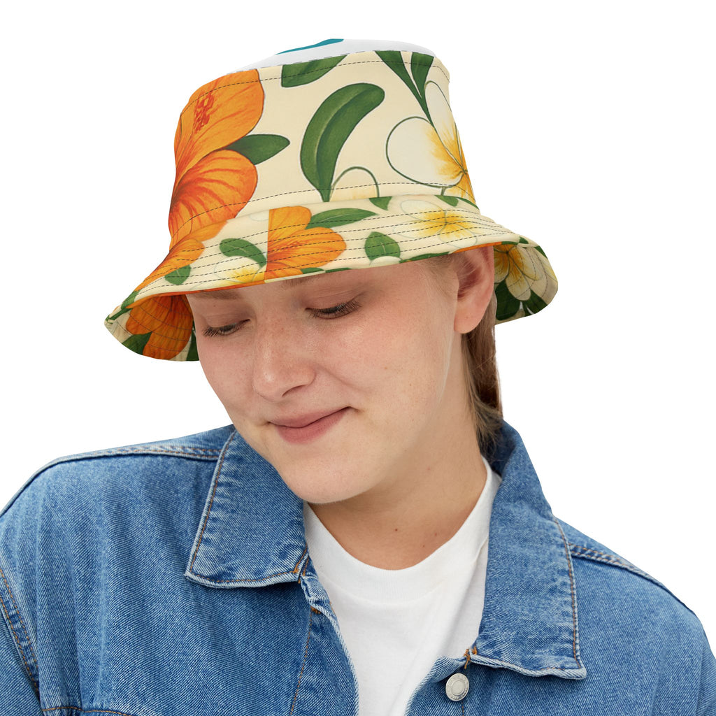 Hat-Bucket Hat 'Tropical Floral' hat  — Orange Hibiscus & Plumeria Summer Sun Hat
