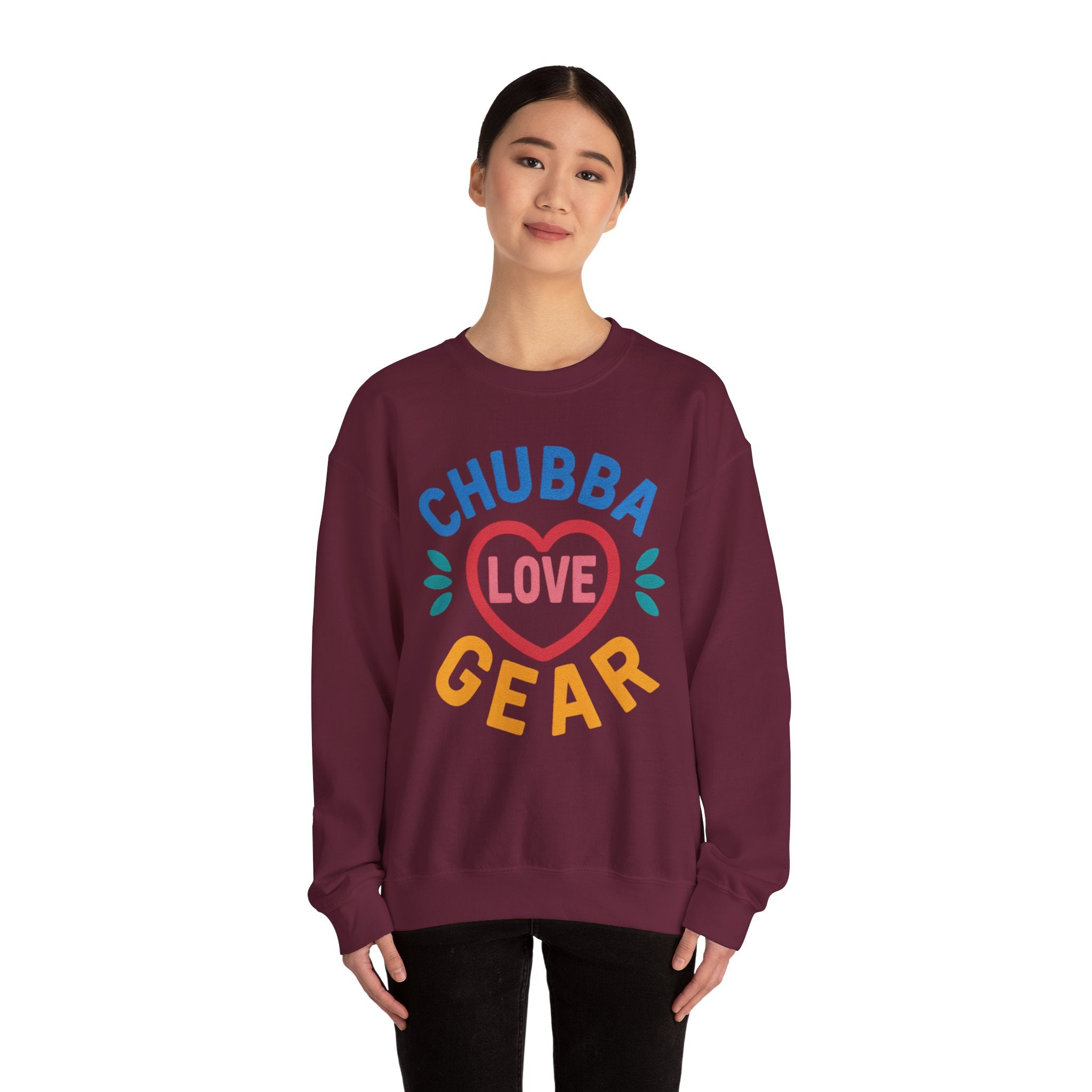 Crewneck Sweatshirt — "Chubba Love Gear" Colorful Heart Graphic