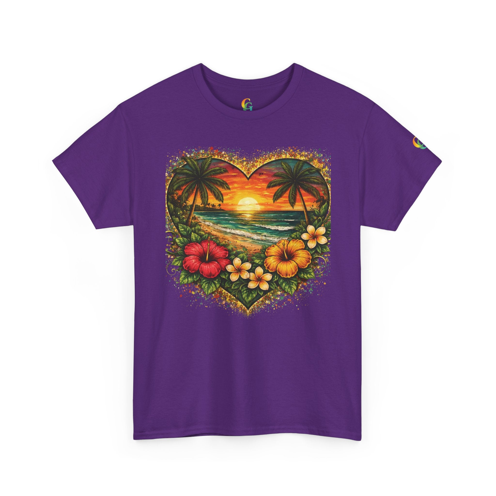 CHUBBA GEAR Tropical Heart Sunset Beach Scene T-Shirt – Hibiscus Palm Graphic