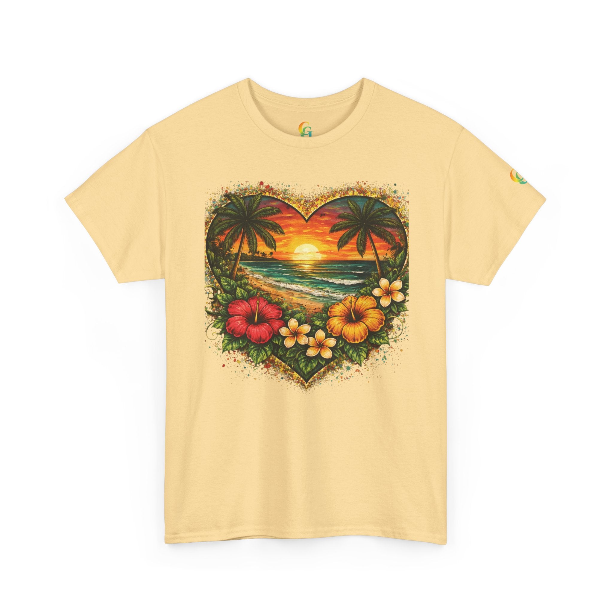 CHUBBA GEAR Tropical Heart Sunset Beach Scene T-Shirt – Hibiscus Palm Graphic