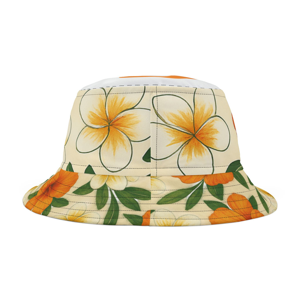 Hat-Bucket Hat 'Tropical Floral' hat  — Orange Hibiscus & Plumeria Summer Sun Hat