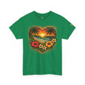 CHUBBA GEAR Tropical Heart Sunset Beach Scene T-Shirt – Hibiscus Palm Graphic