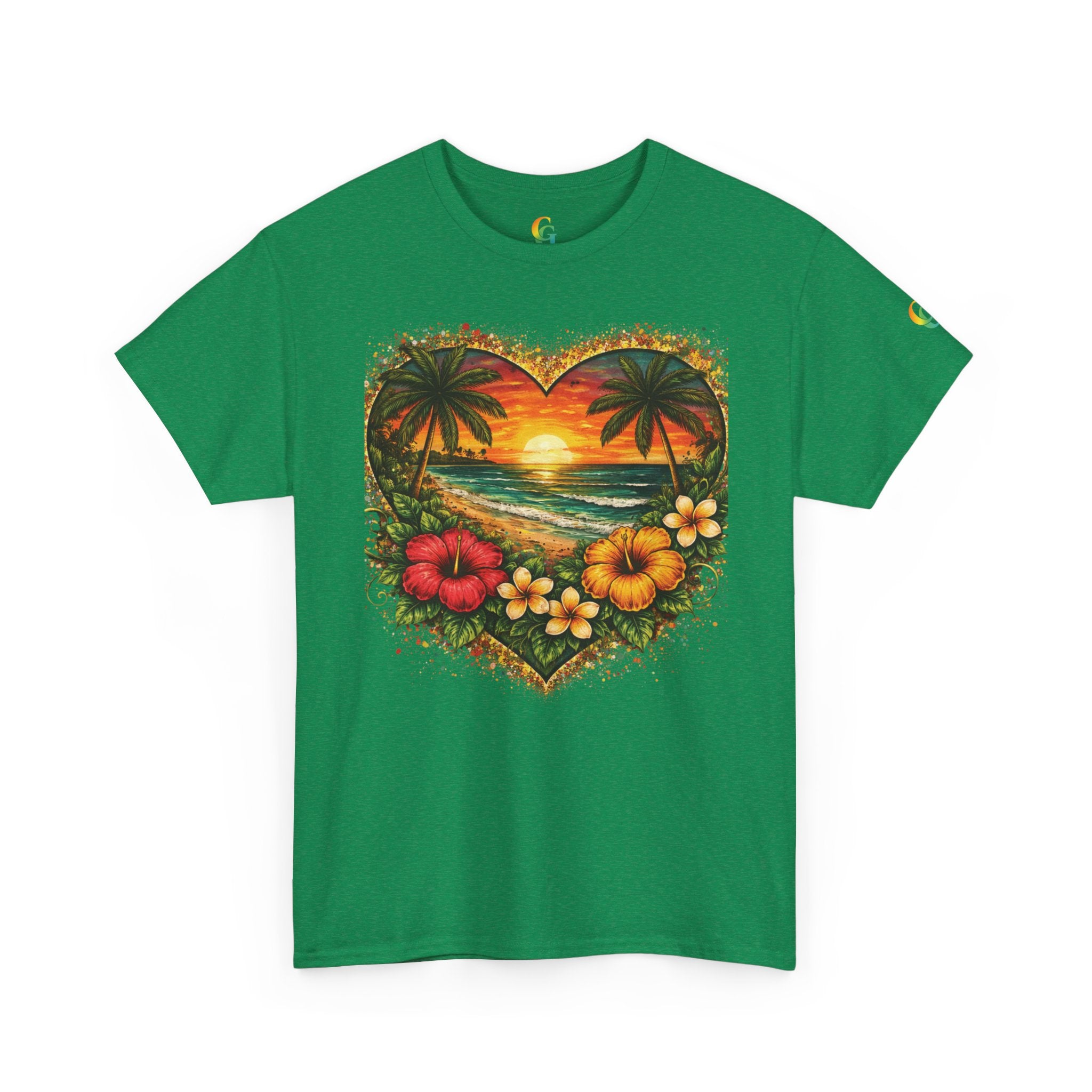 CHUBBA GEAR Tropical Heart Sunset Beach Scene T-Shirt – Hibiscus Palm Graphic