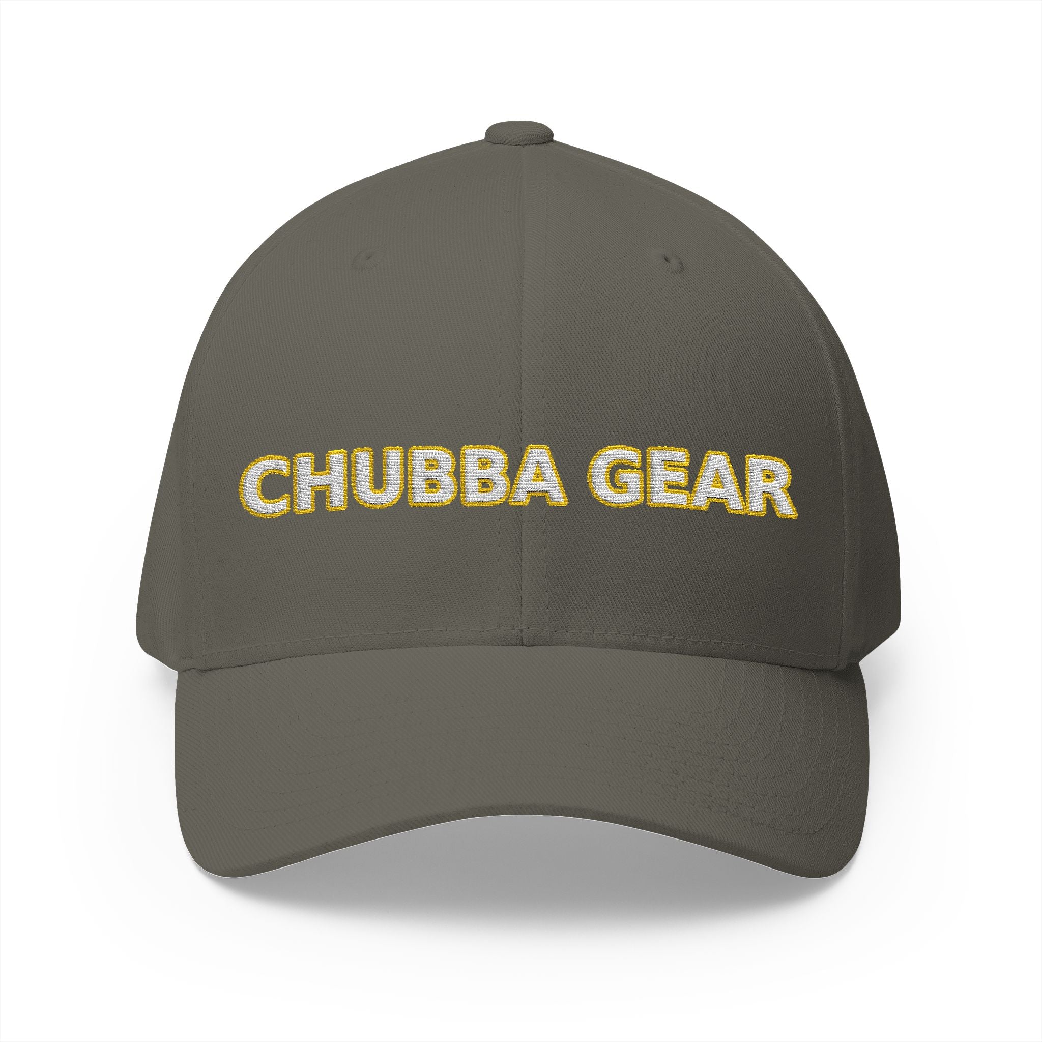 Hat-Embroidered 'CHUBBA GEAR' Structured Cap — White Gold Stitching