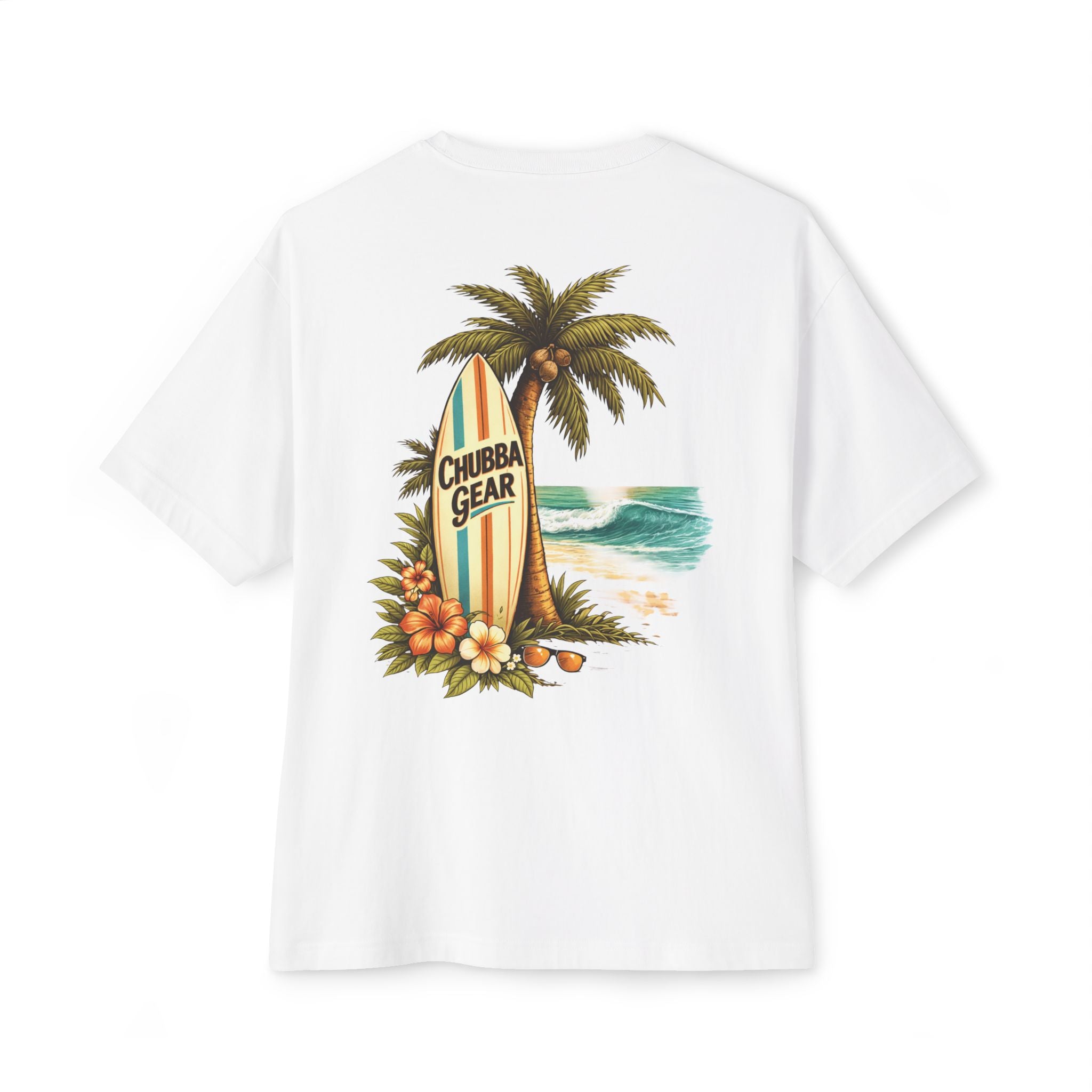 CHUBBA GEAR Surfboard Palm Tree Unisex Oversized Boxy Tee – Coastal Beach Graphic T-Shirt