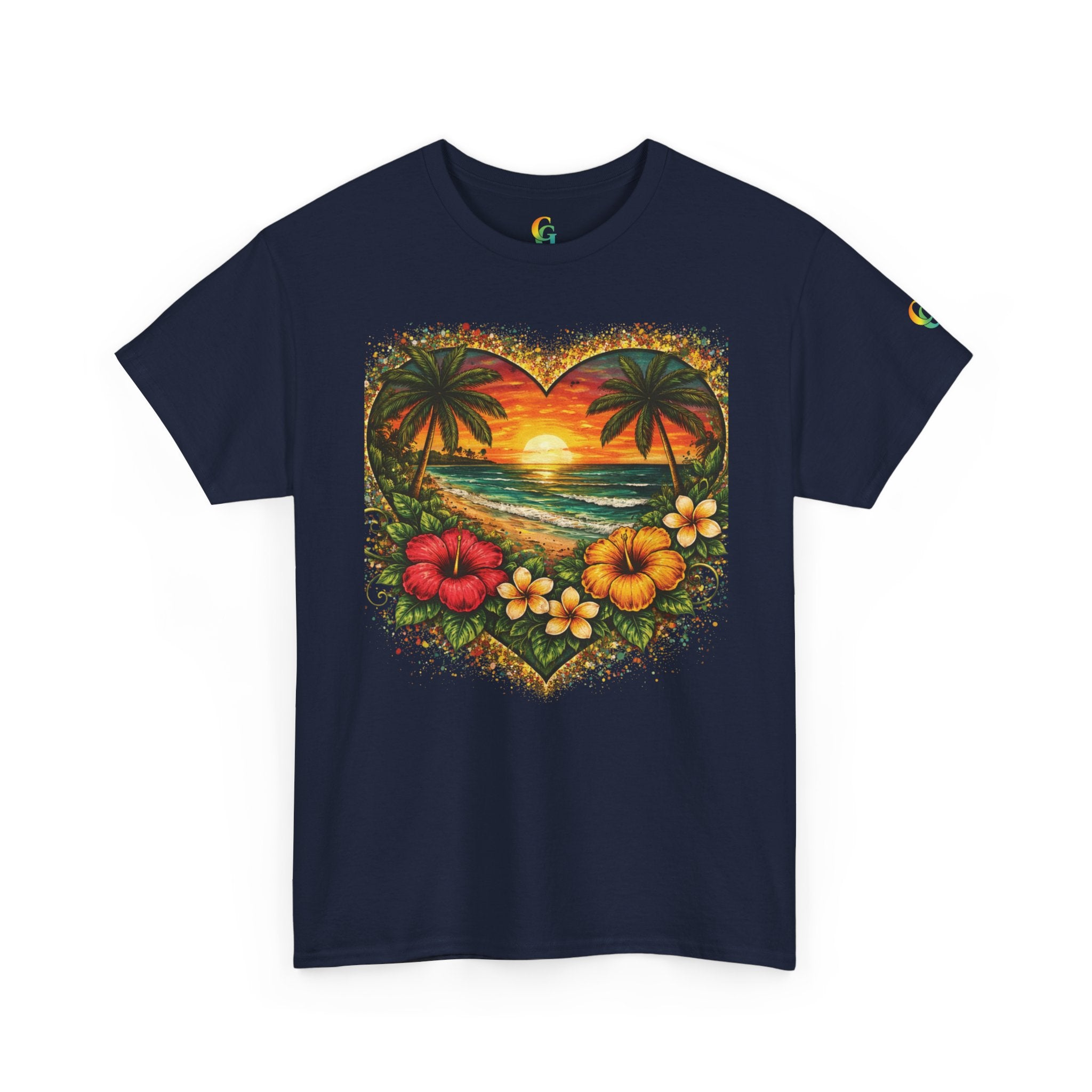 CHUBBA GEAR Tropical Heart Sunset Beach Scene T-Shirt – Hibiscus Palm Graphic