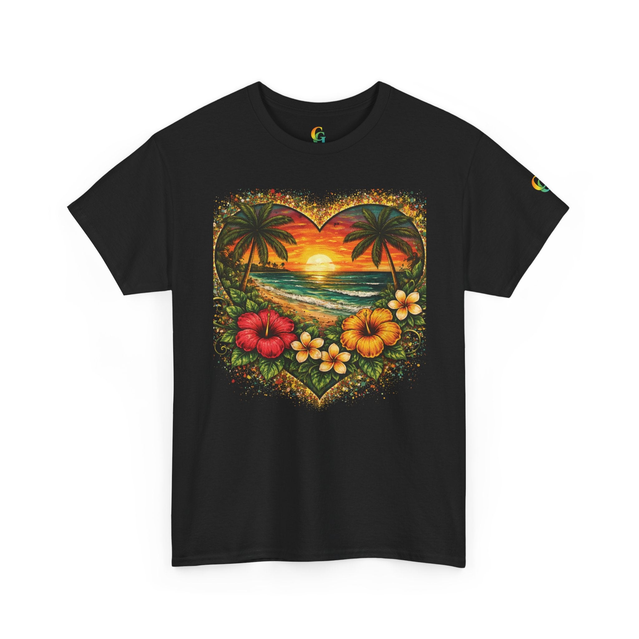 CHUBBA GEAR Tropical Heart Sunset Beach Scene T-Shirt – Hibiscus Palm Graphic