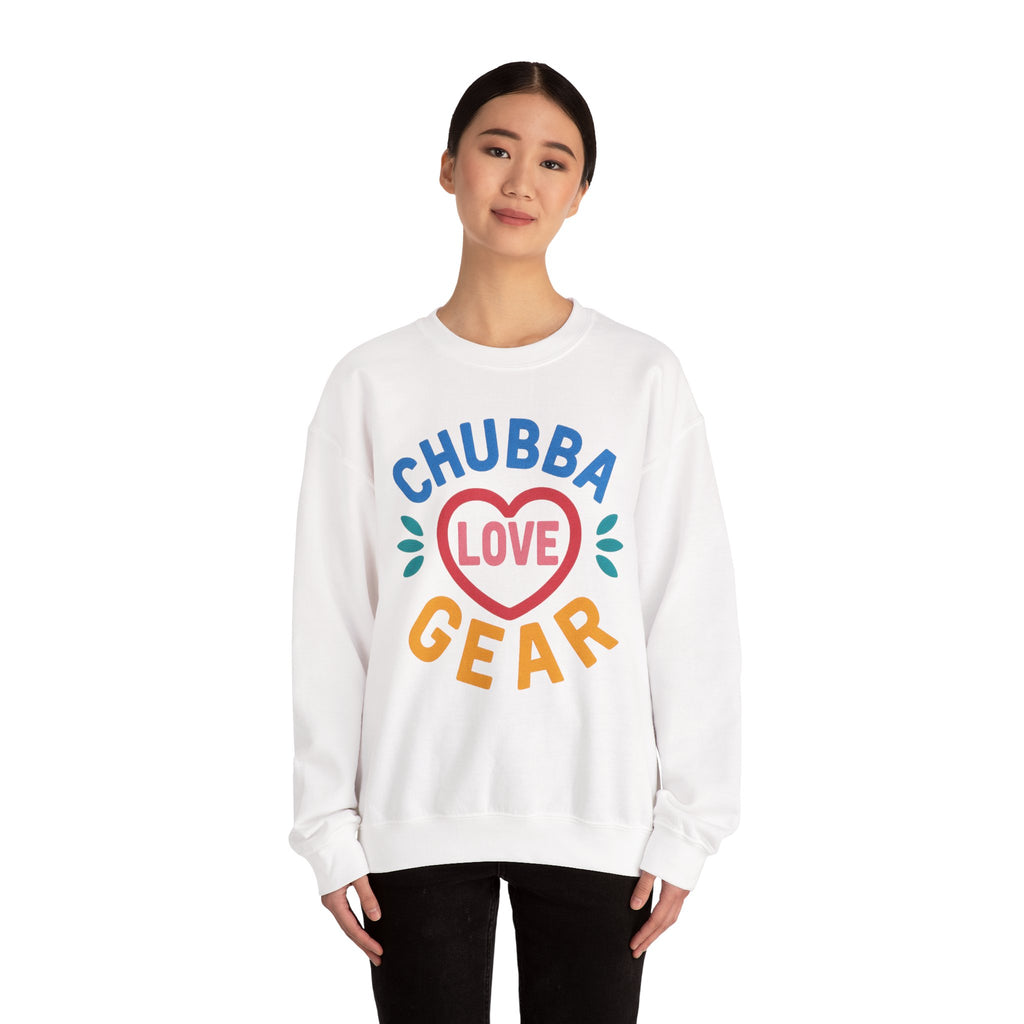 Crewneck Sweatshirt — "Chubba Love Gear" Colorful Heart Graphic