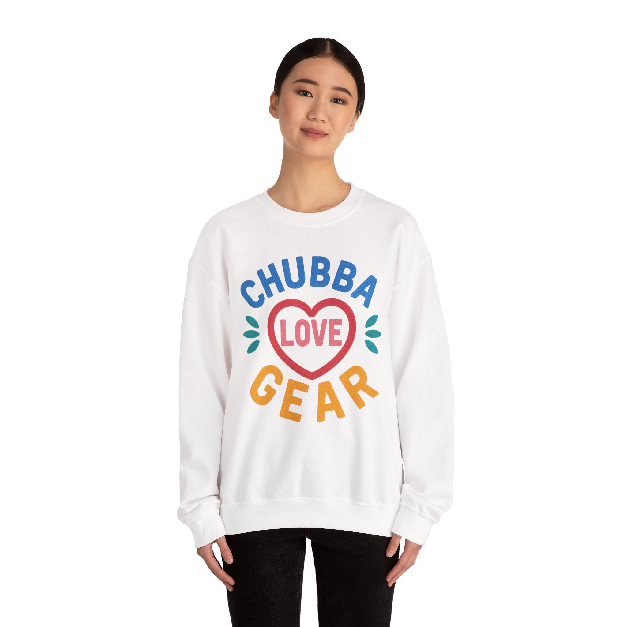 Crewneck Sweatshirt — "Chubba Love Gear" Colorful Heart Graphic