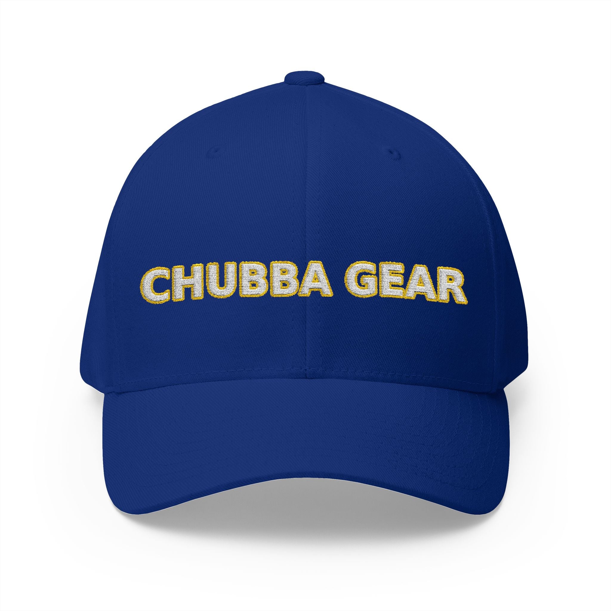 Hat-Embroidered 'CHUBBA GEAR' Structured Cap — White Gold Stitching