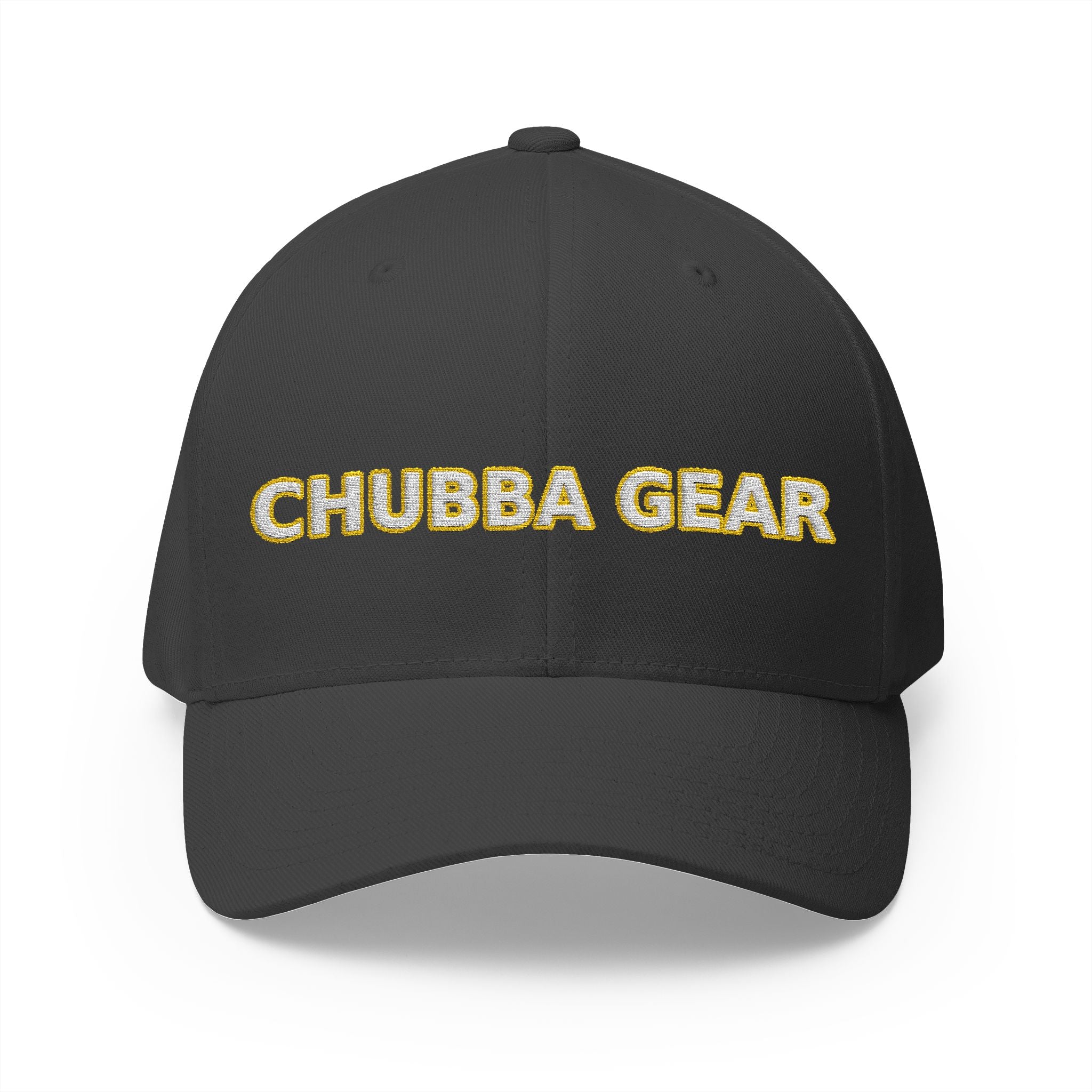Hat-Embroidered 'CHUBBA GEAR' Structured Cap — White Gold Stitching