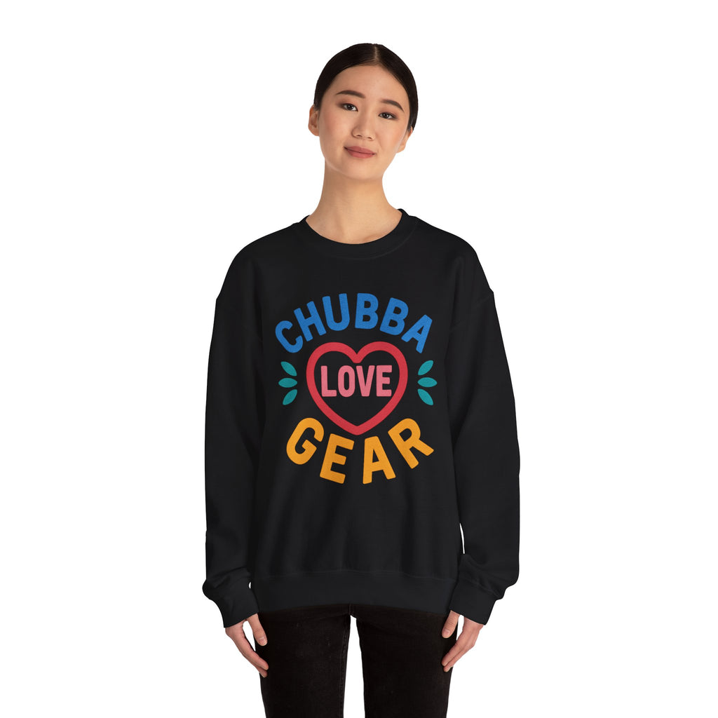 Crewneck Sweatshirt — "Chubba Love Gear" Colorful Heart Graphic