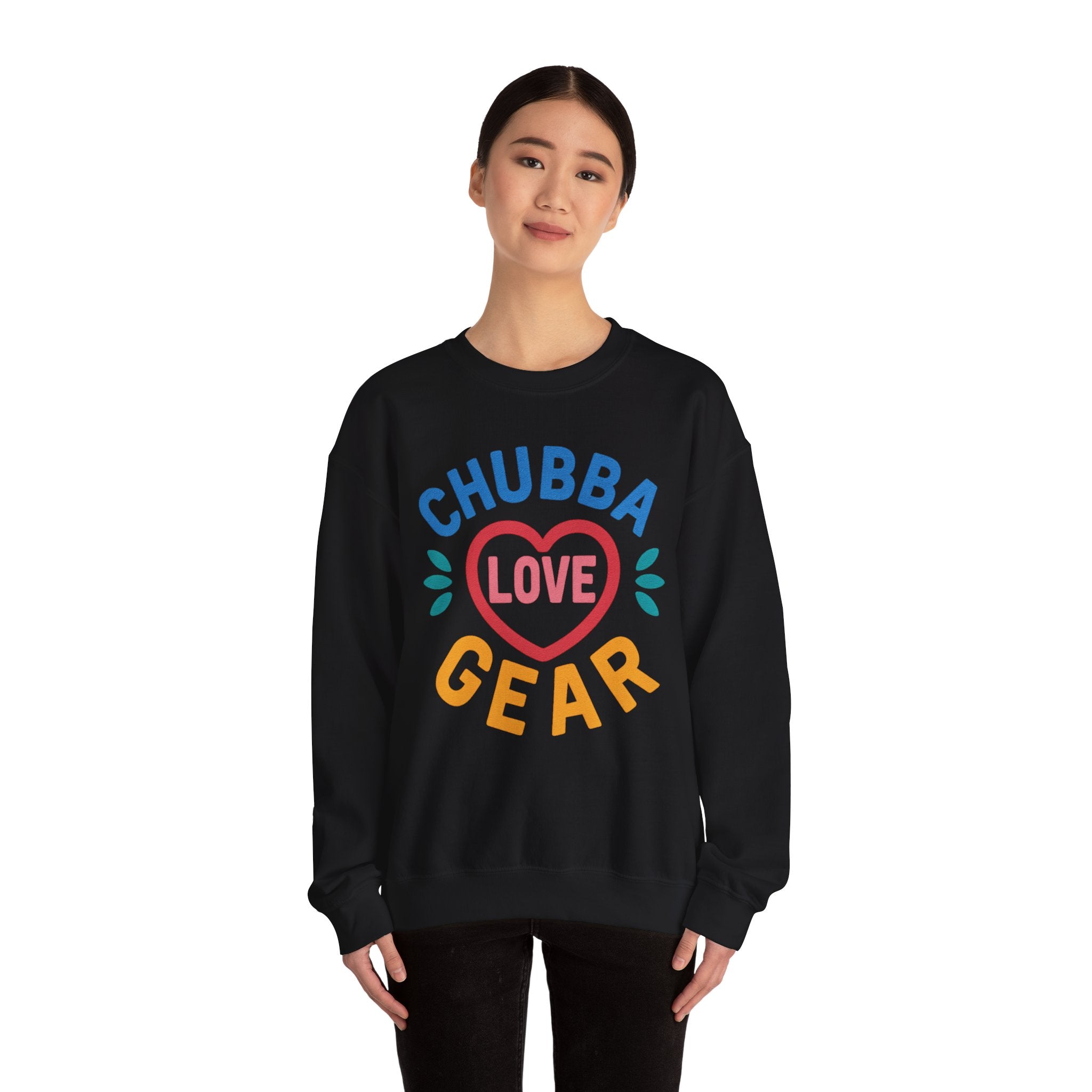 Crewneck Sweatshirt — "Chubba Love Gear" Colorful Heart Graphic