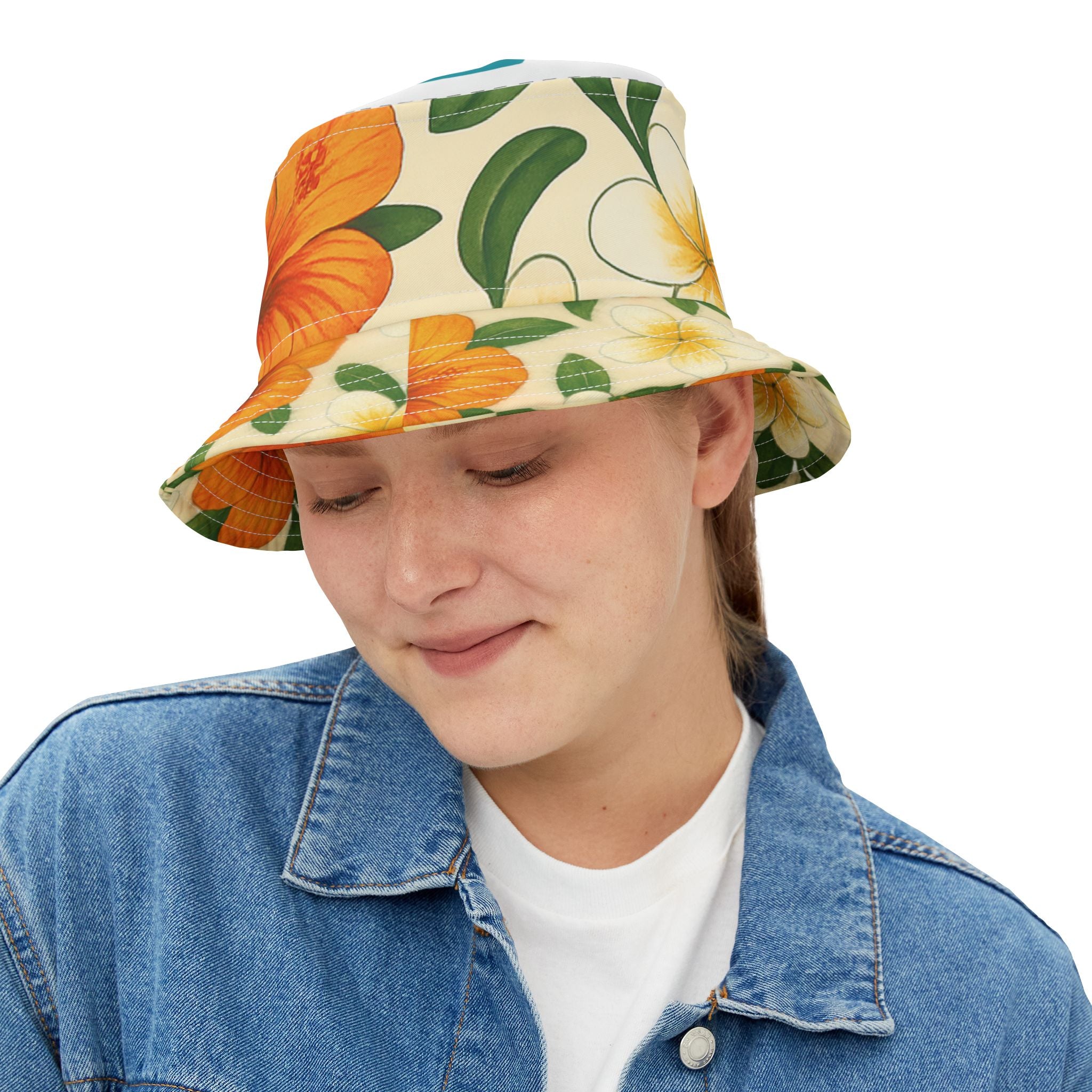 Hat-Bucket Hat 'Tropical Floral' hat  — Orange Hibiscus & Plumeria Summer Sun Hat
