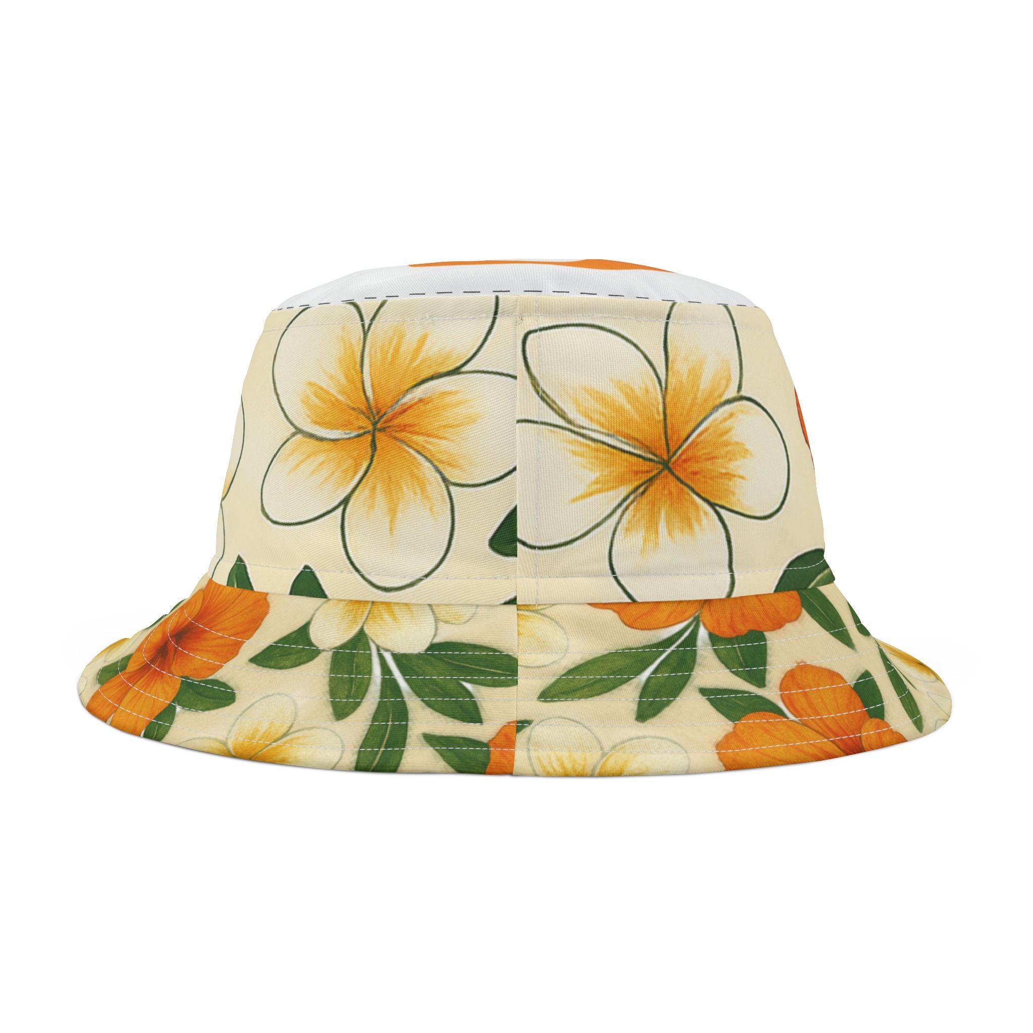 Hat-Bucket Hat 'Tropical Floral' hat  — Orange Hibiscus & Plumeria Summer Sun Hat