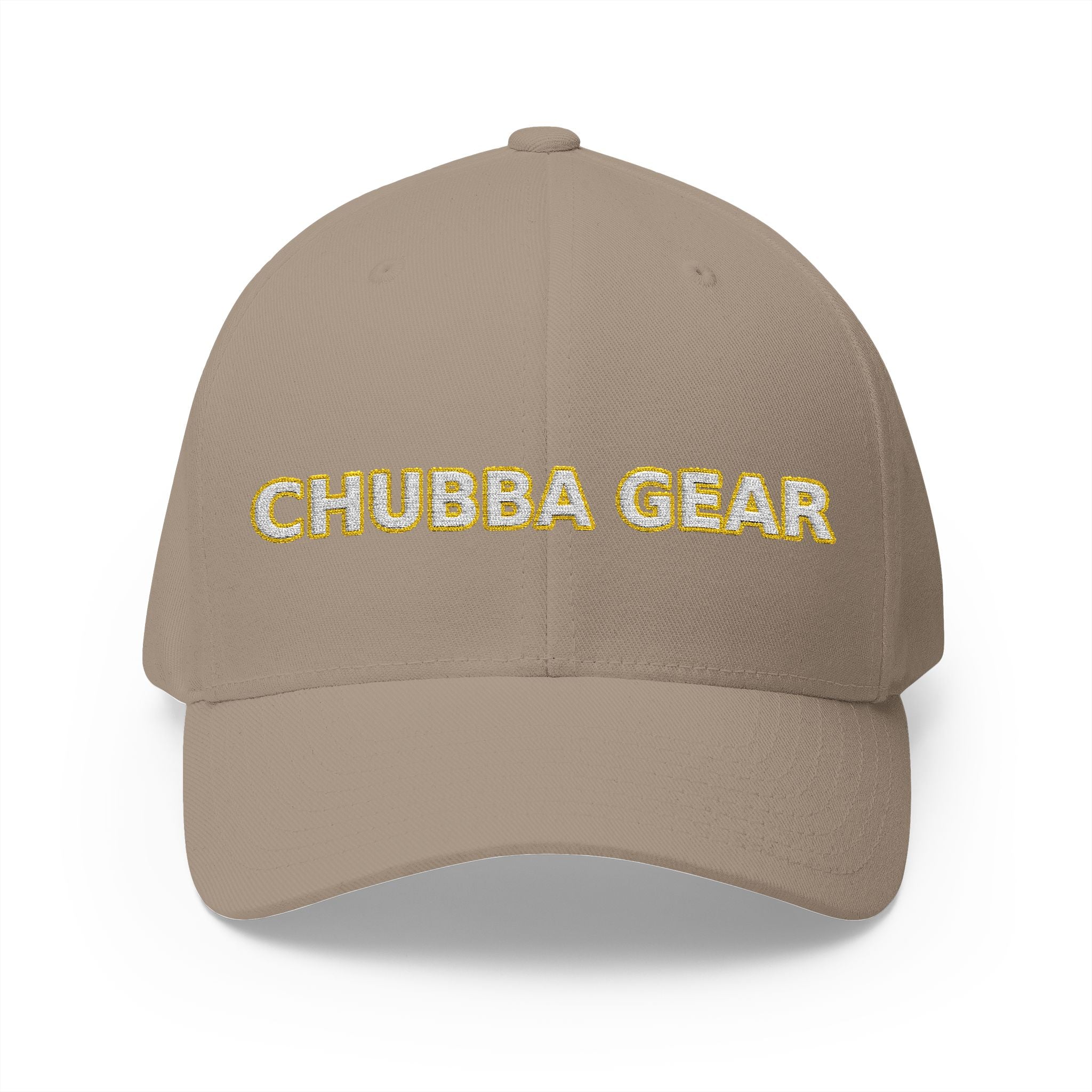 Hat-Embroidered 'CHUBBA GEAR' Structured Cap — White Gold Stitching