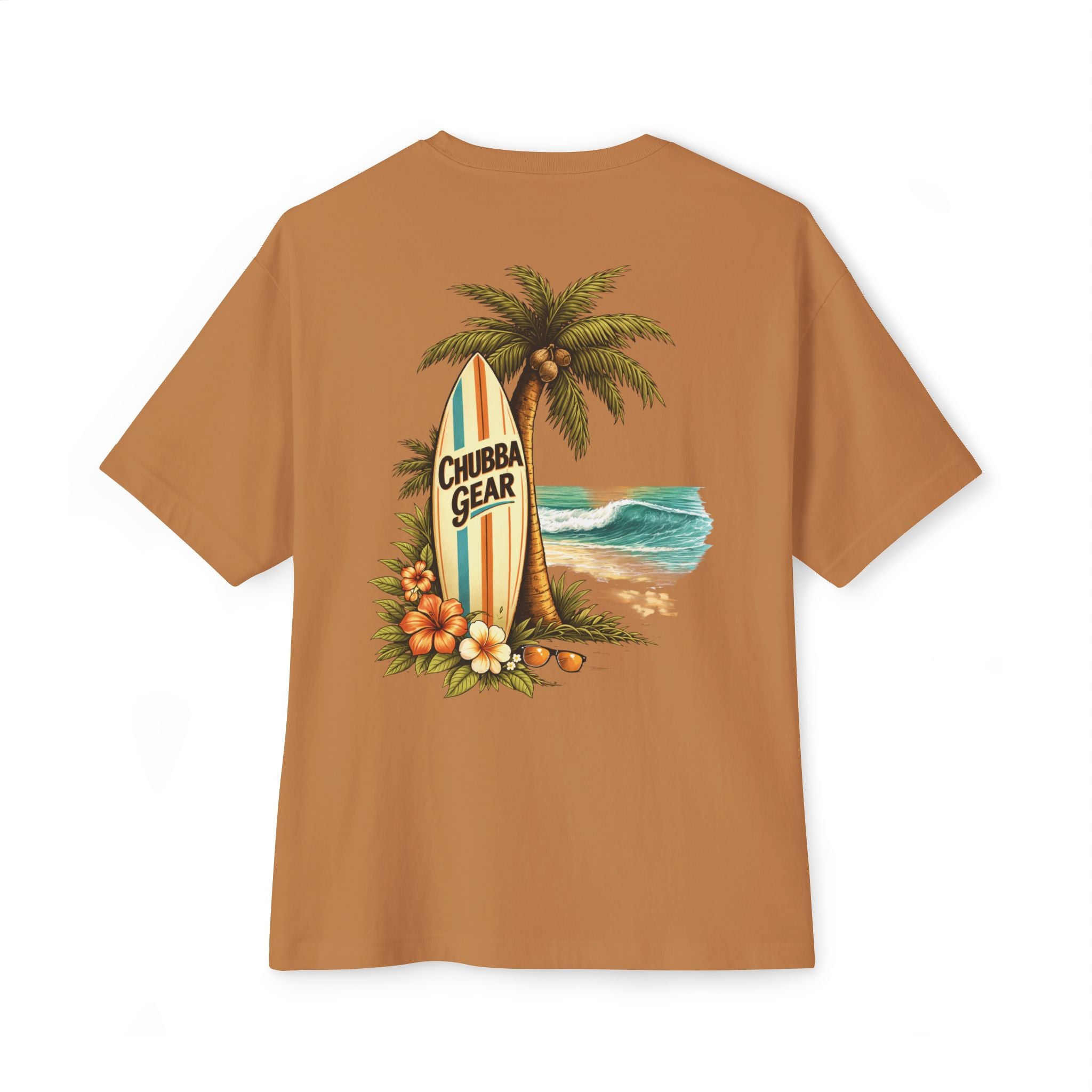 CHUBBA GEAR Surfboard Palm Tree Unisex Oversized Boxy Tee – Coastal Beach Graphic T-Shirt