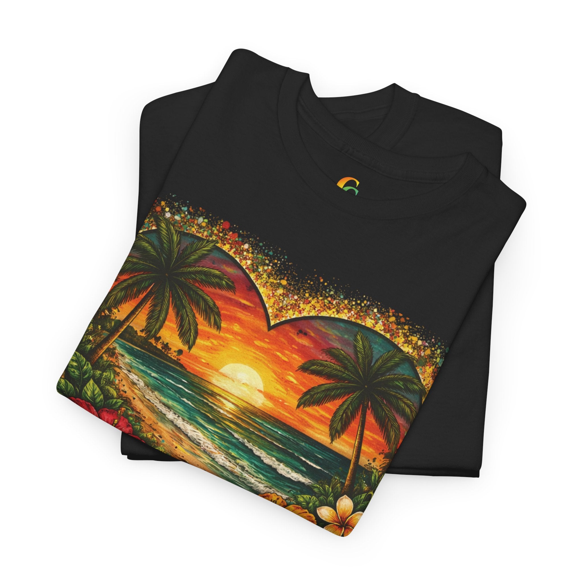 CHUBBA GEAR Tropical Heart Sunset Beach Scene T-Shirt – Hibiscus Palm Graphic