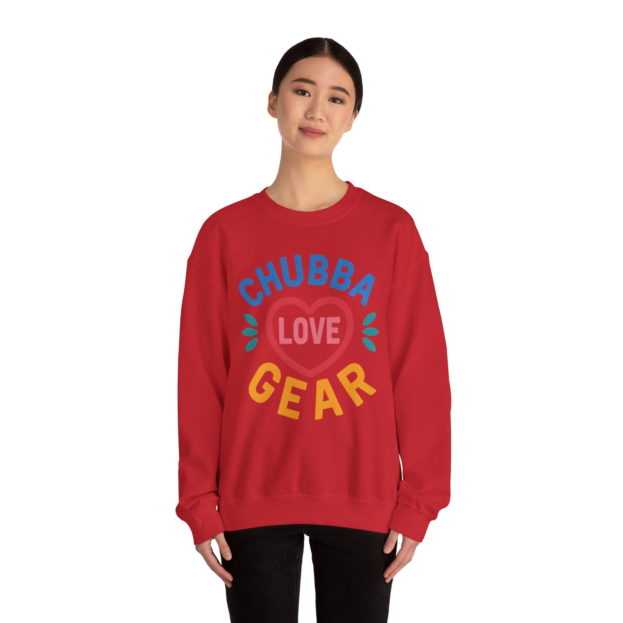 Crewneck Sweatshirt — "Chubba Love Gear" Colorful Heart Graphic